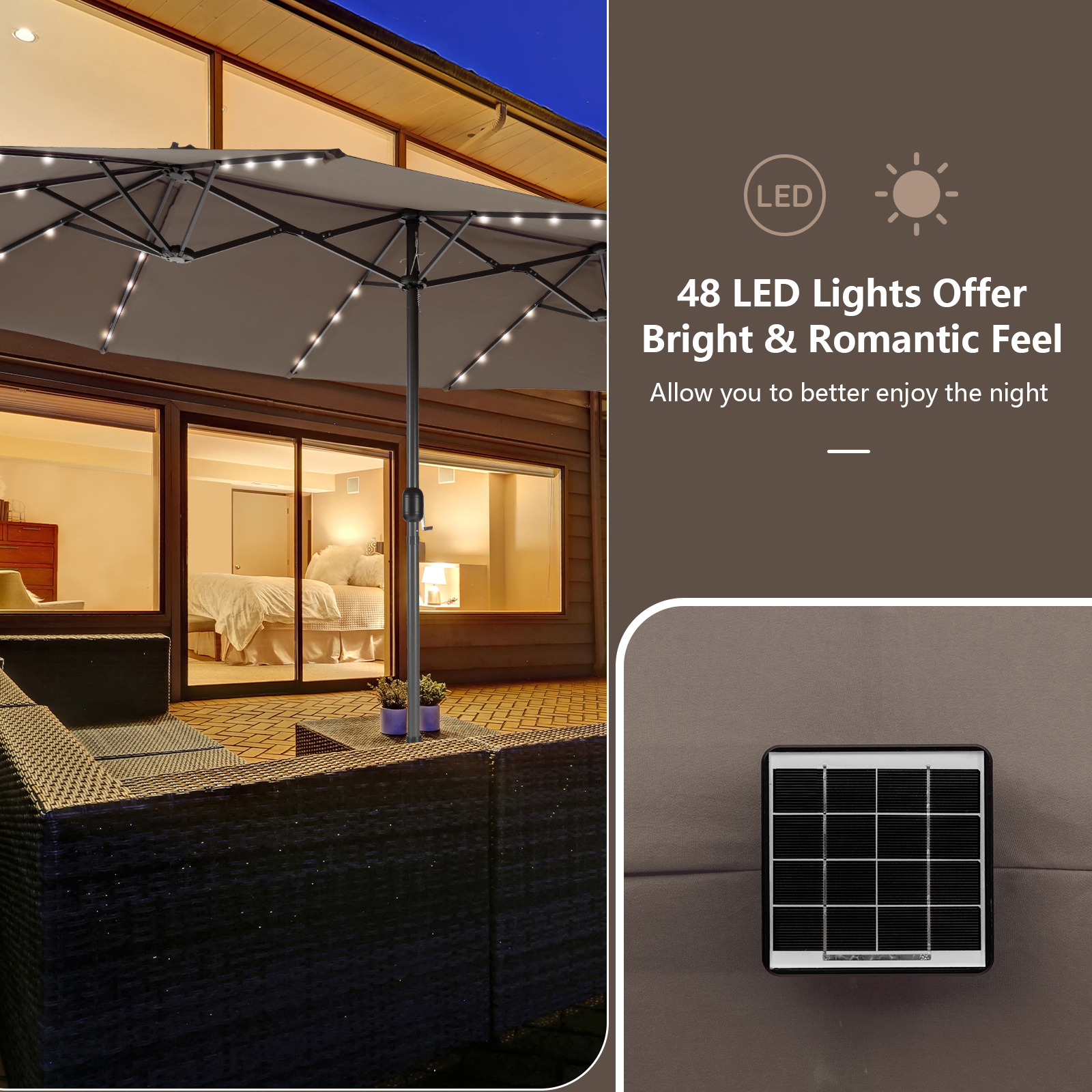 15FT Twin Patio Double-Sided Umbrella 48 Solar LED Lights Crank Outdoor - Picture 15 of 32