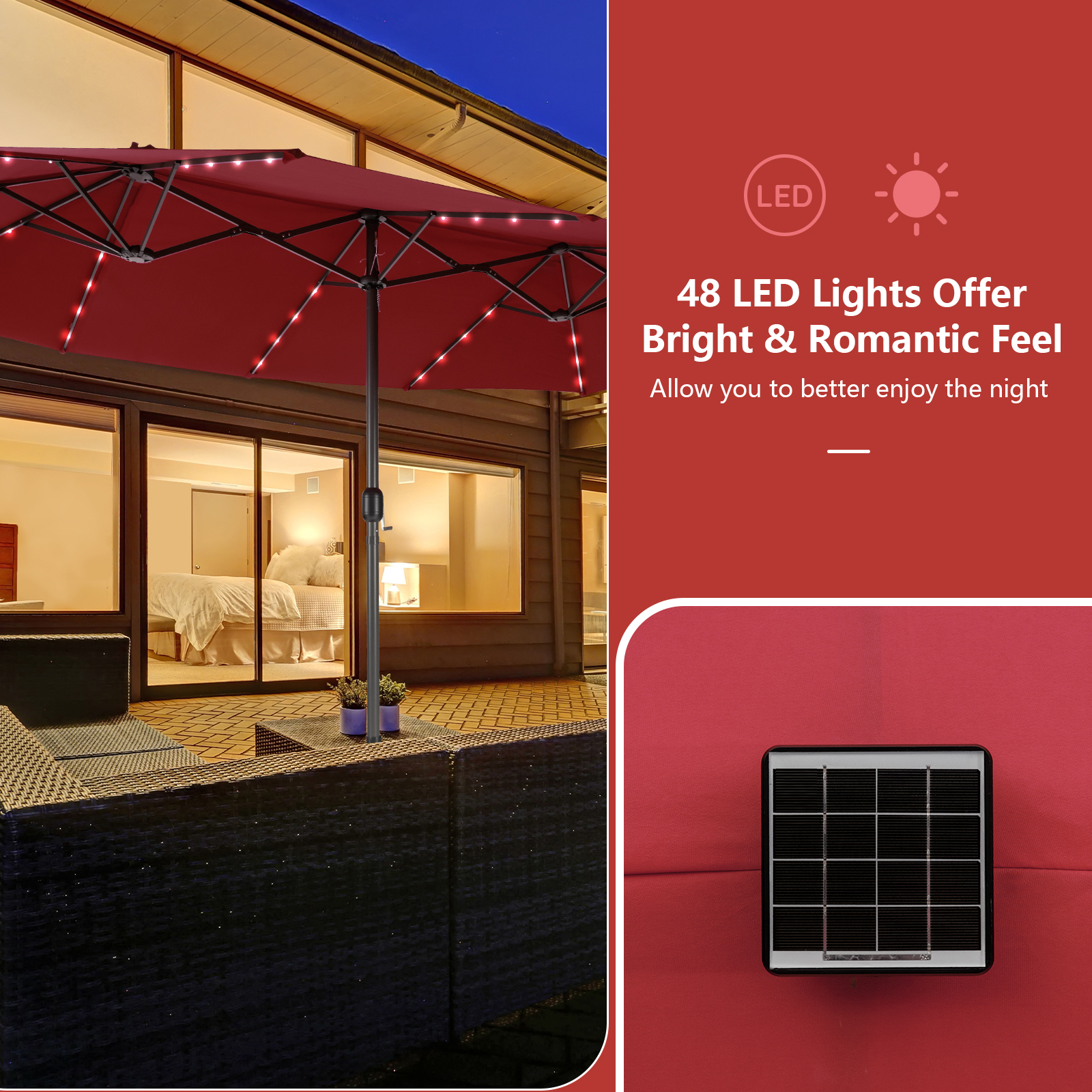 15FT Twin Patio Double-Sided Umbrella 48 Solar LED Lights Crank Outdoor - Picture 31 of 32