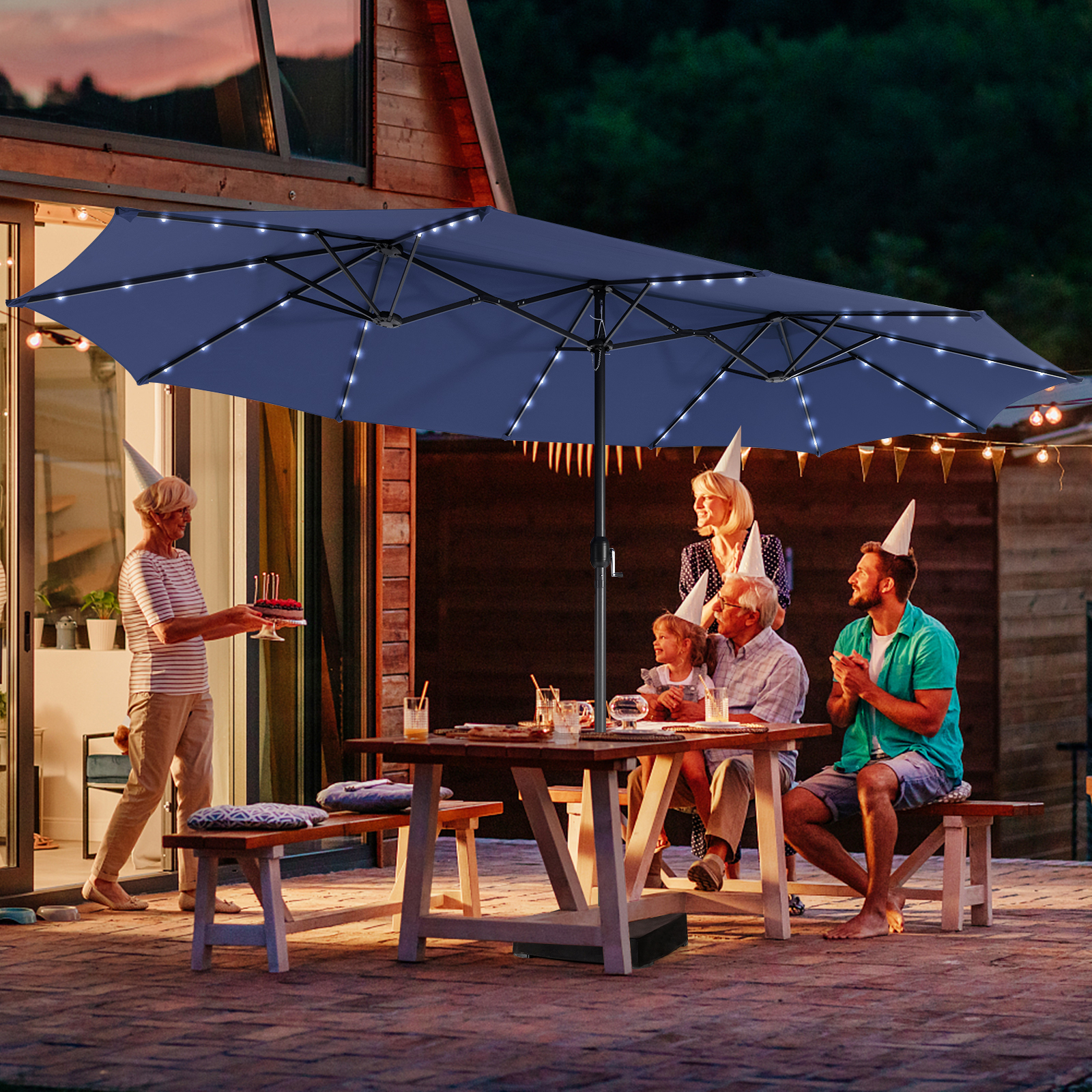 15FT Double-Sided Patio Umbrella 48 Solar LED Lights Crank & Base Outdoor Navy 15FT Double-Sided Patio Umbrella 48 Solar LED Lights Crank & Base Outdoor Navy