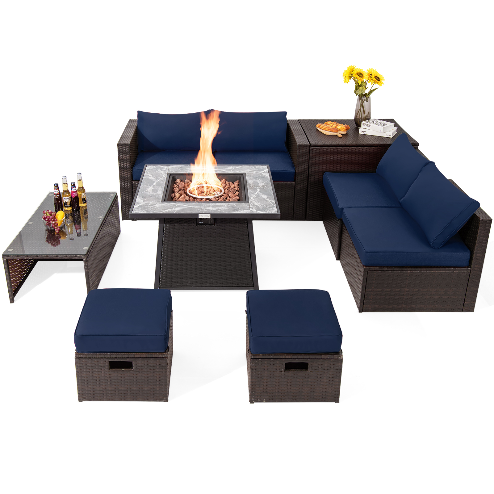 9 PCS Outdoor Rattan Furniture Set w/ 50,000 BTU Propane Fire Pit Table & Cover - Picture 23 of 60