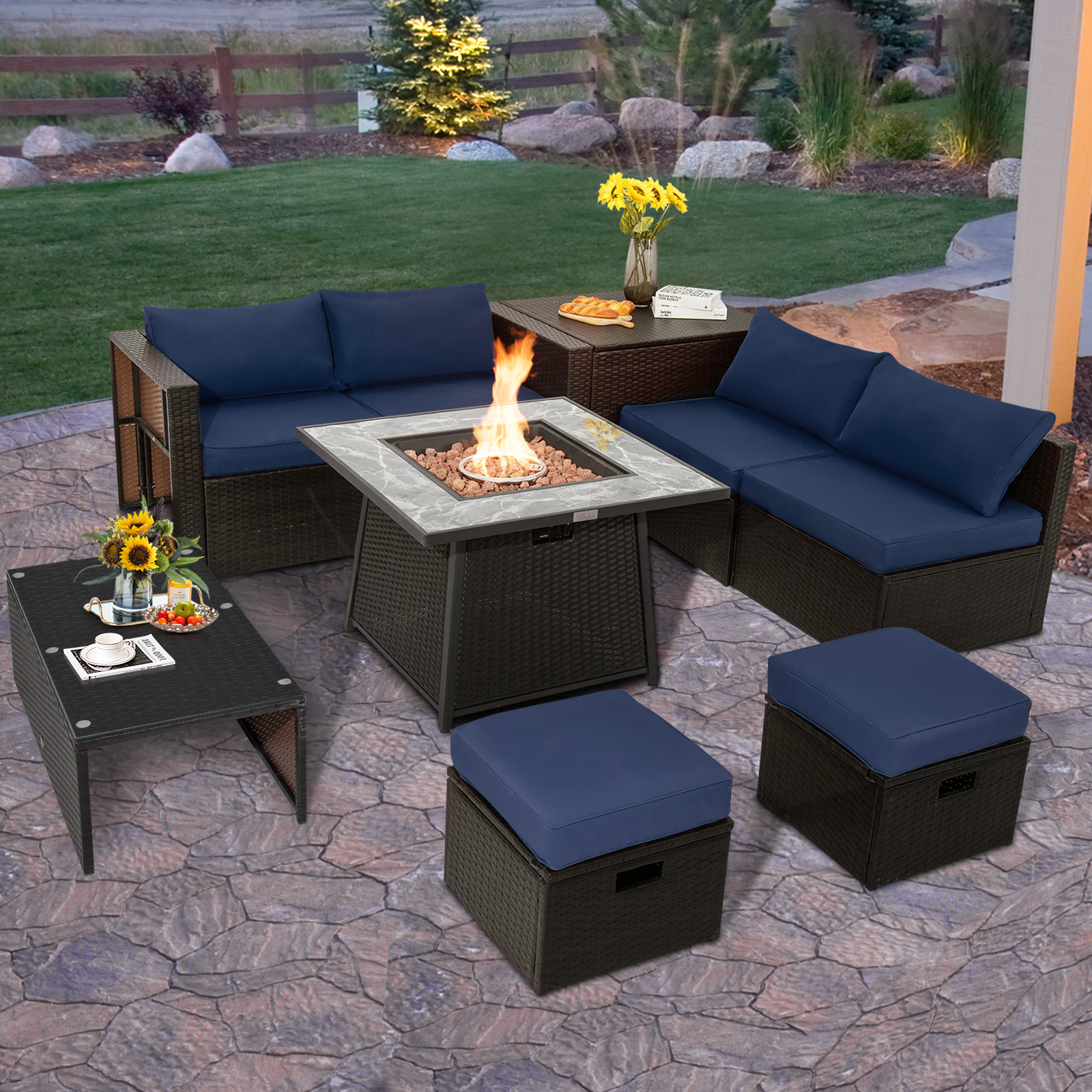 9 PCS Outdoor Rattan Furniture Set w/ 50,000 BTU Propane Fire Pit Table & Cover - Picture 21 of 60