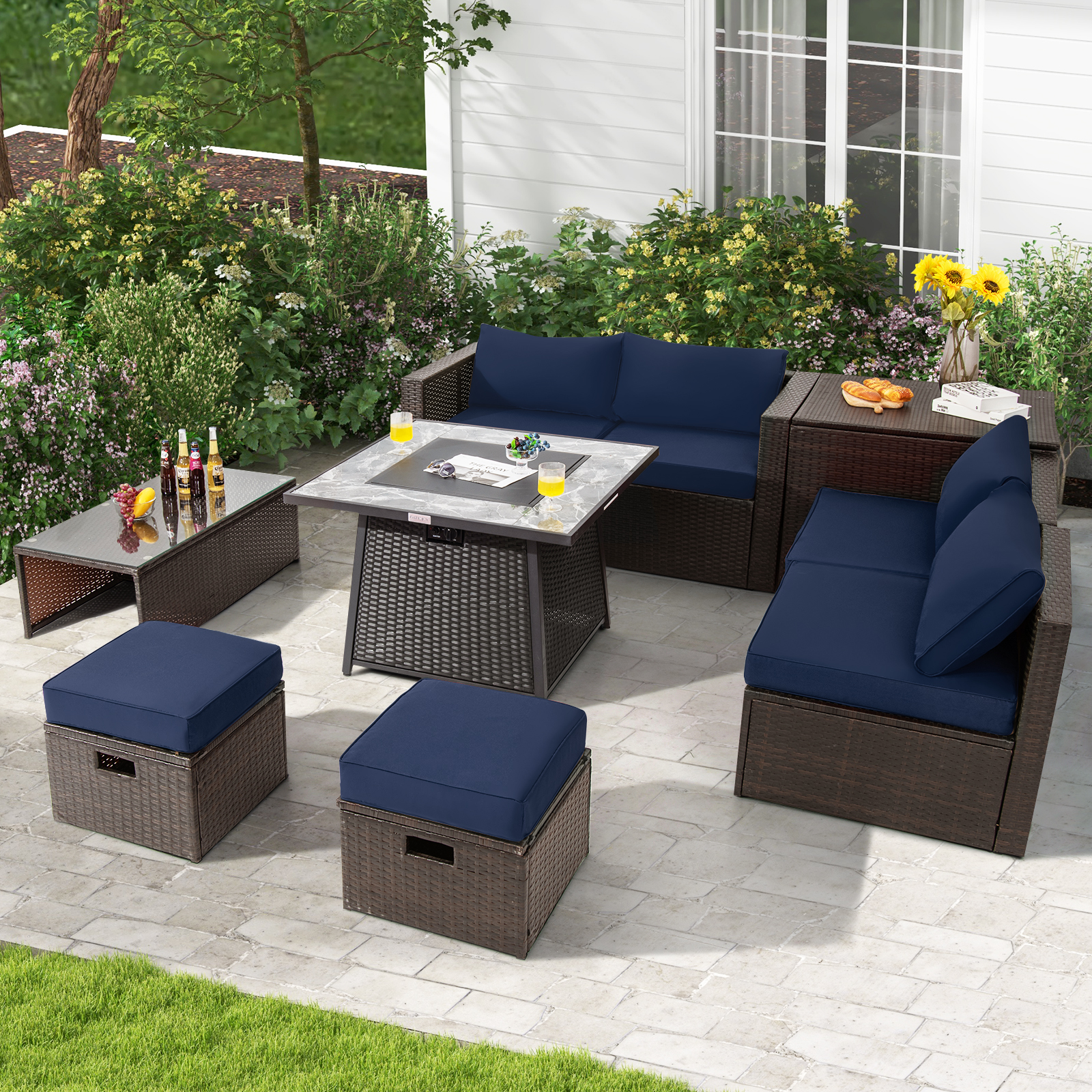 9 PCS Outdoor Rattan Furniture Set w/ 50,000 BTU Propane Fire Pit Table & Cover - Picture 24 of 60