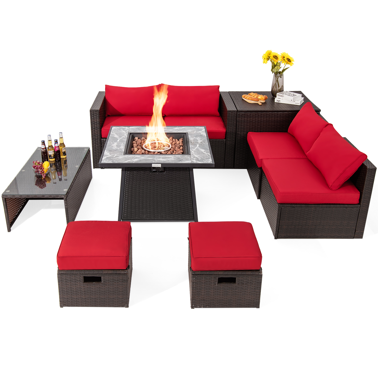 9 PCS Outdoor Rattan Furniture Set w/ 50,000 BTU Propane Fire Pit Table & Cover - Picture 43 of 60