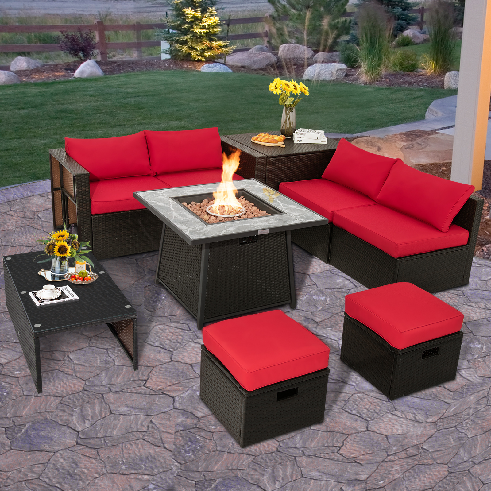 9 PCS Outdoor Rattan Furniture Set w/ 50,000 BTU Propane Fire Pit Table & Cover - Picture 41 of 60