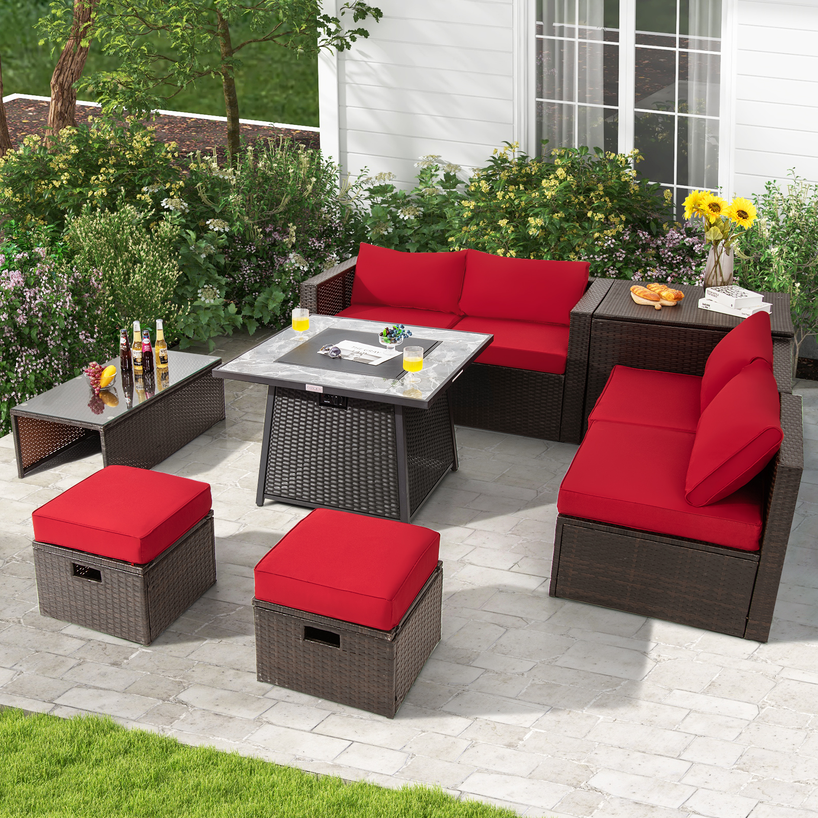 9 PCS Outdoor Rattan Furniture Set w/ 50,000 BTU Propane Fire Pit Table & Cover - Picture 44 of 60