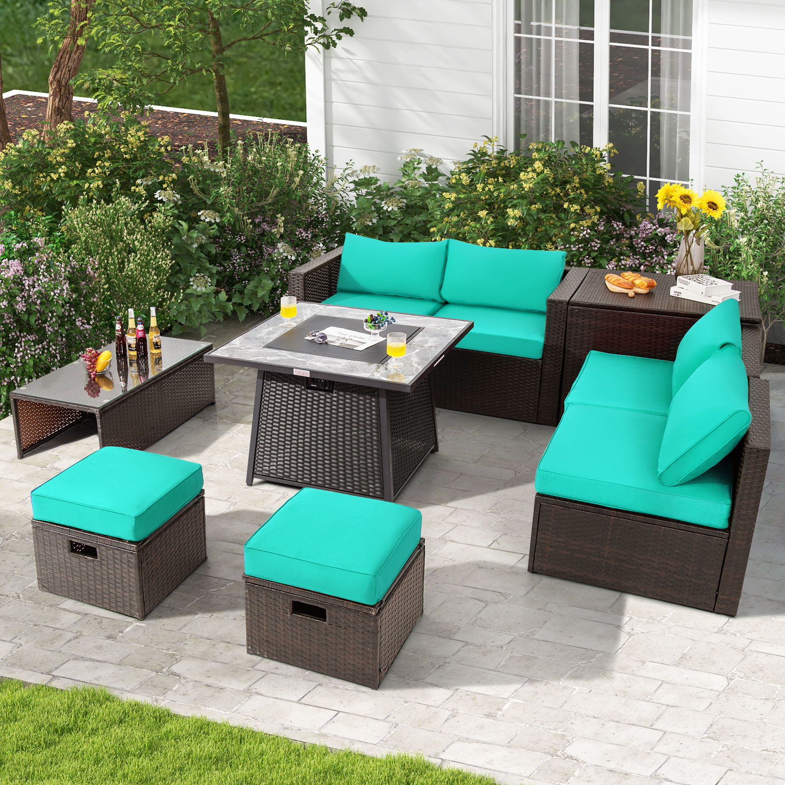 9 PCS Outdoor Rattan Furniture Set w/ 50,000 BTU Propane Fire Pit Table & Cover - Picture 54 of 60