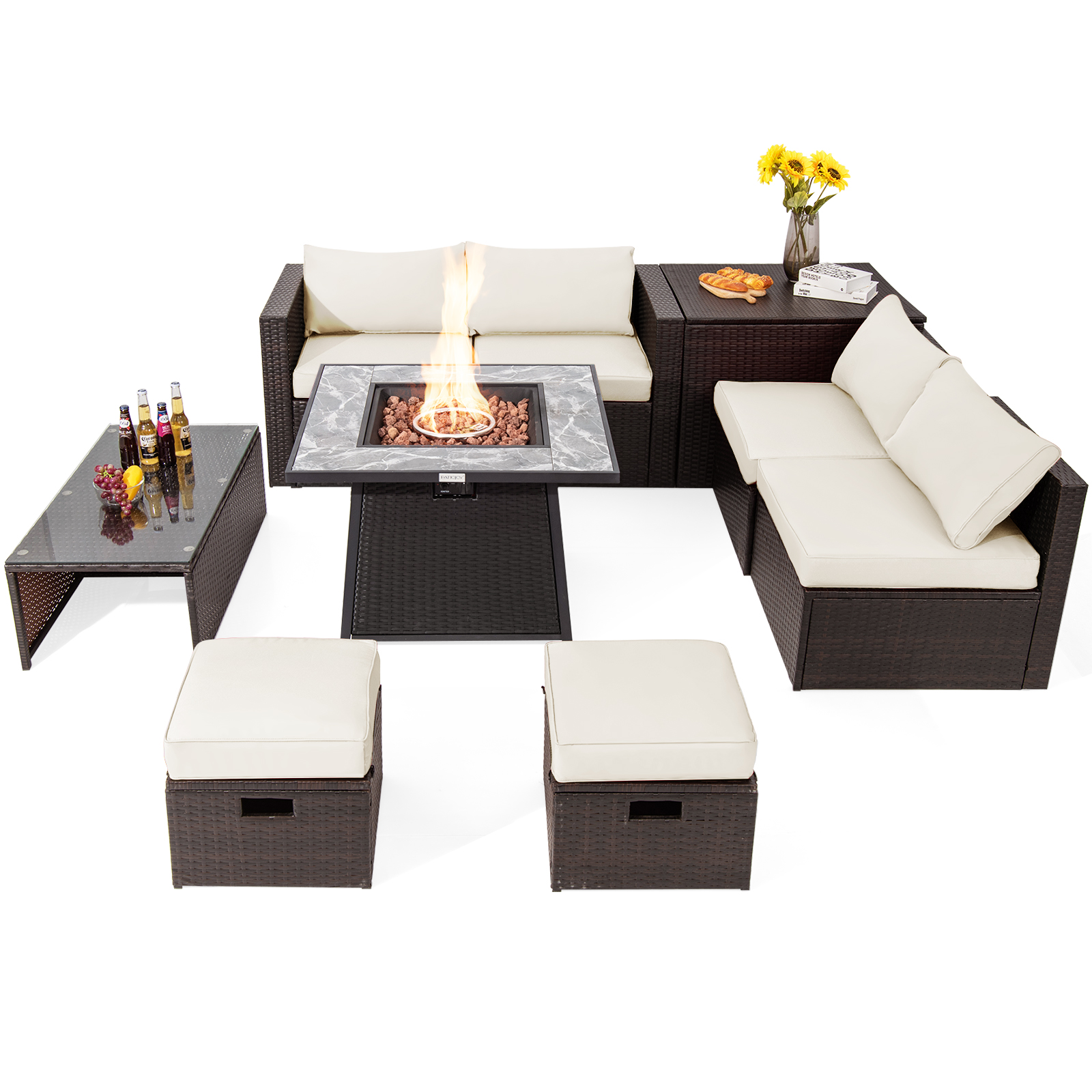 9 PCS Outdoor Rattan Furniture Set w/ 50,000 BTU Propane Fire Pit Table & Cover - Picture 33 of 60
