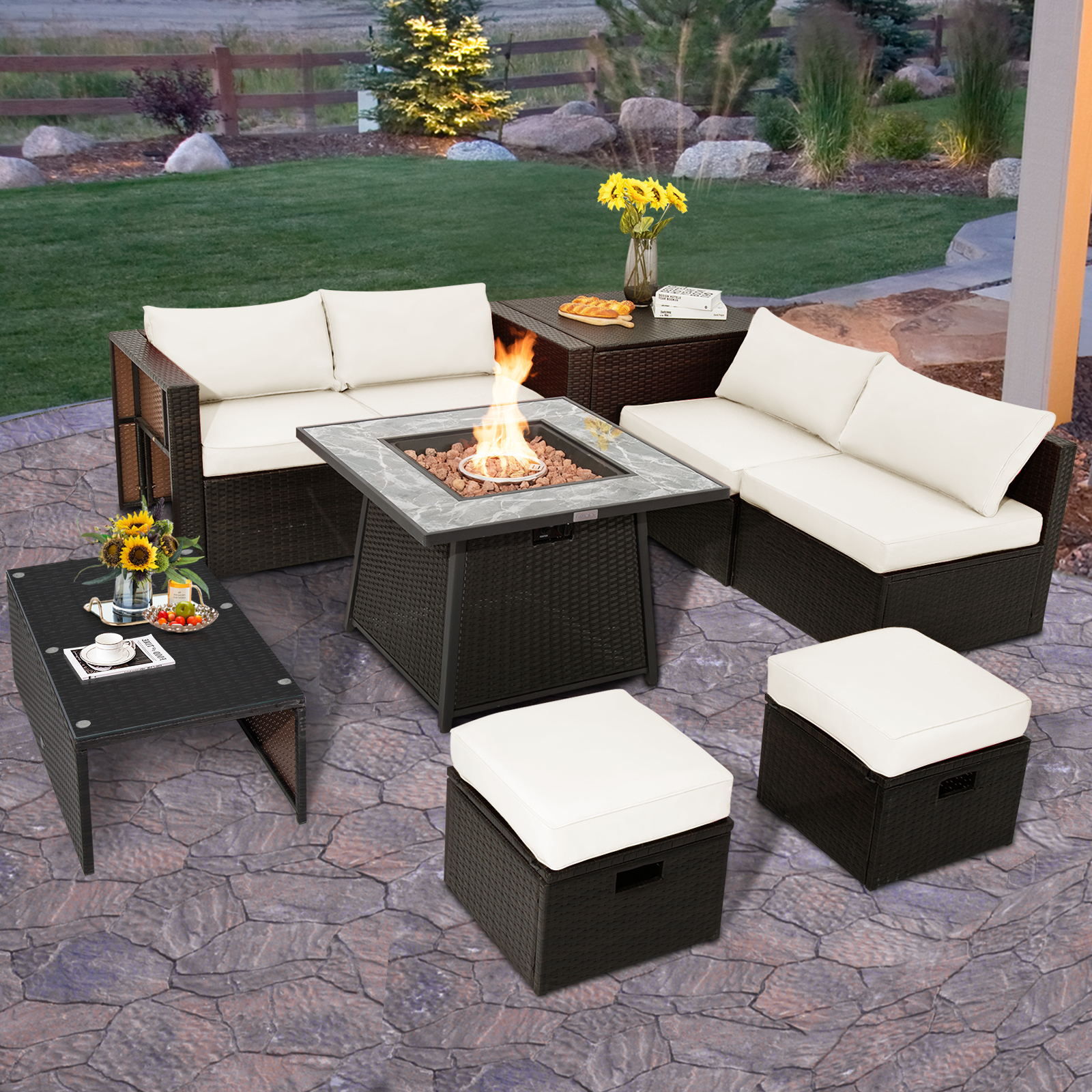 9 PCS Outdoor Rattan Furniture Set w/ 50,000 BTU Propane Fire Pit Table & Cover - Picture 31 of 60