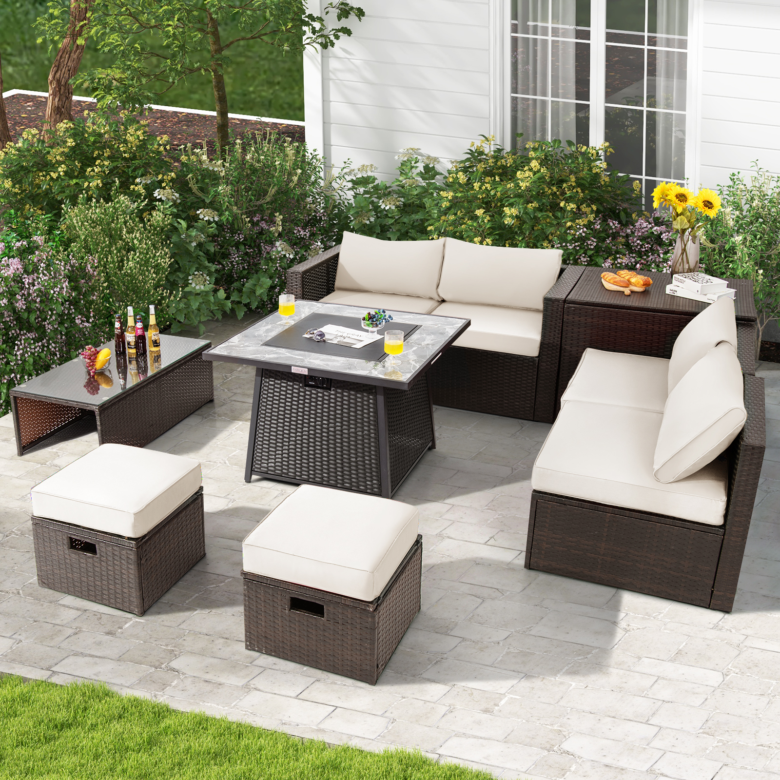 9 PCS Outdoor Rattan Furniture Set w/ 50,000 BTU Propane Fire Pit Table & Cover - Picture 34 of 60