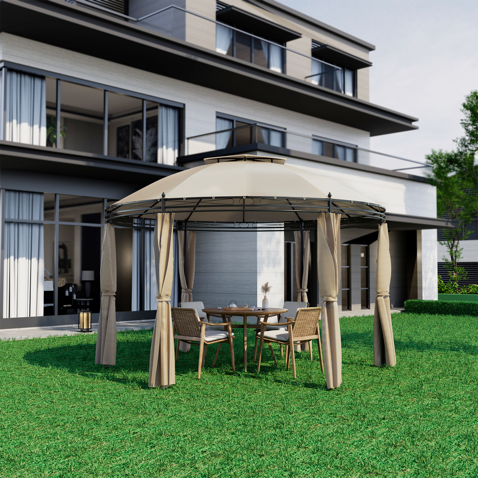 Outdoor Round Dome Gazebo Shelter Double Roof Steel Brown