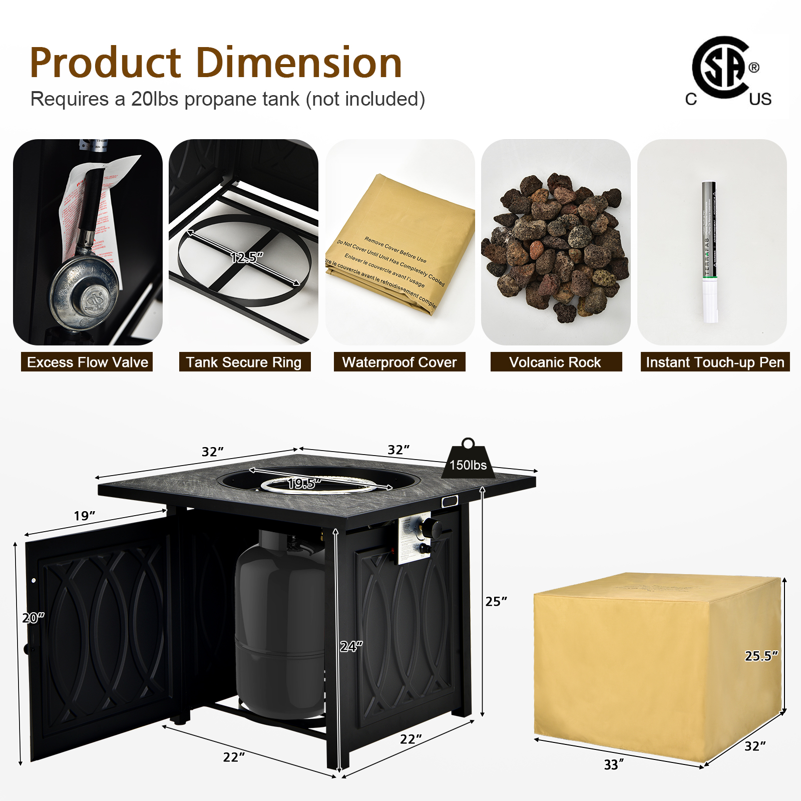 32" Propane Fire Pit Table Square Tabletop w/Lava Rocks Cover 50,000 BTU