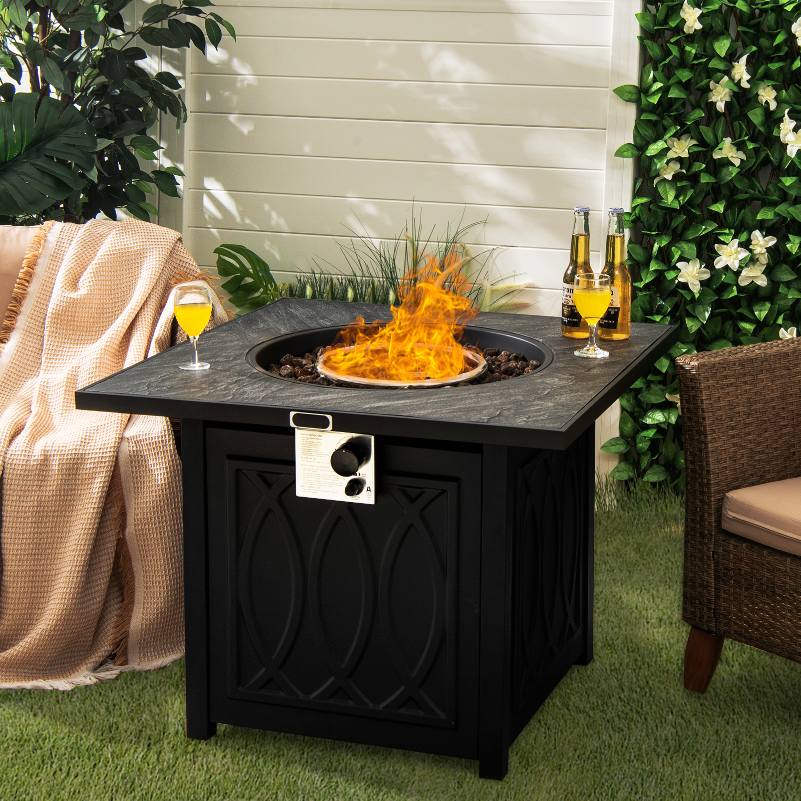 32" Propane Fire Pit Table Square Tabletop w/Lava Rocks Cover 50,000 BTU