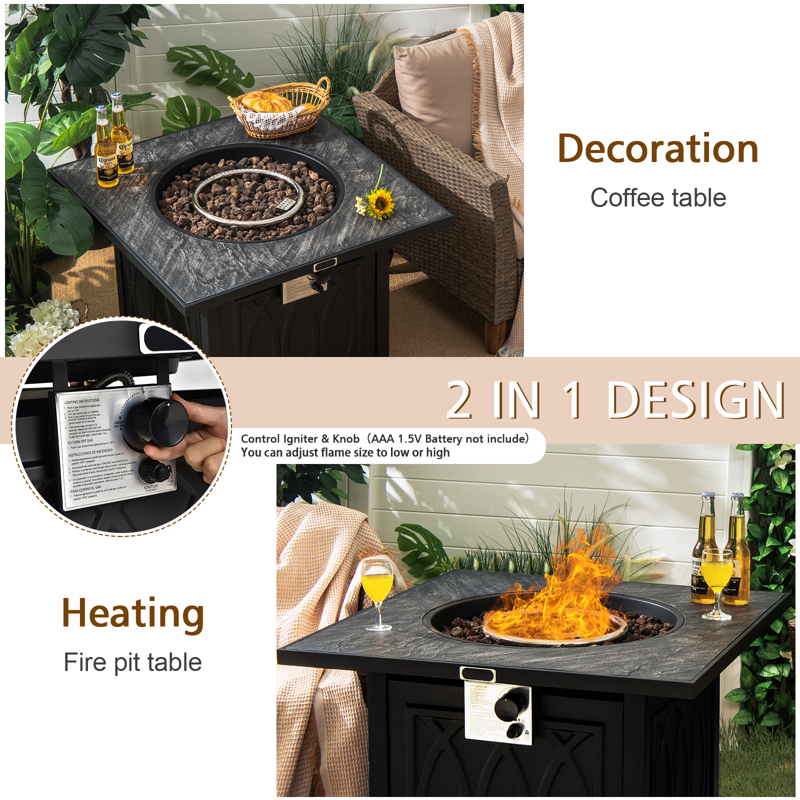 32" Propane Fire Pit Table Square Tabletop w/Lava Rocks Cover 50,000 BTU