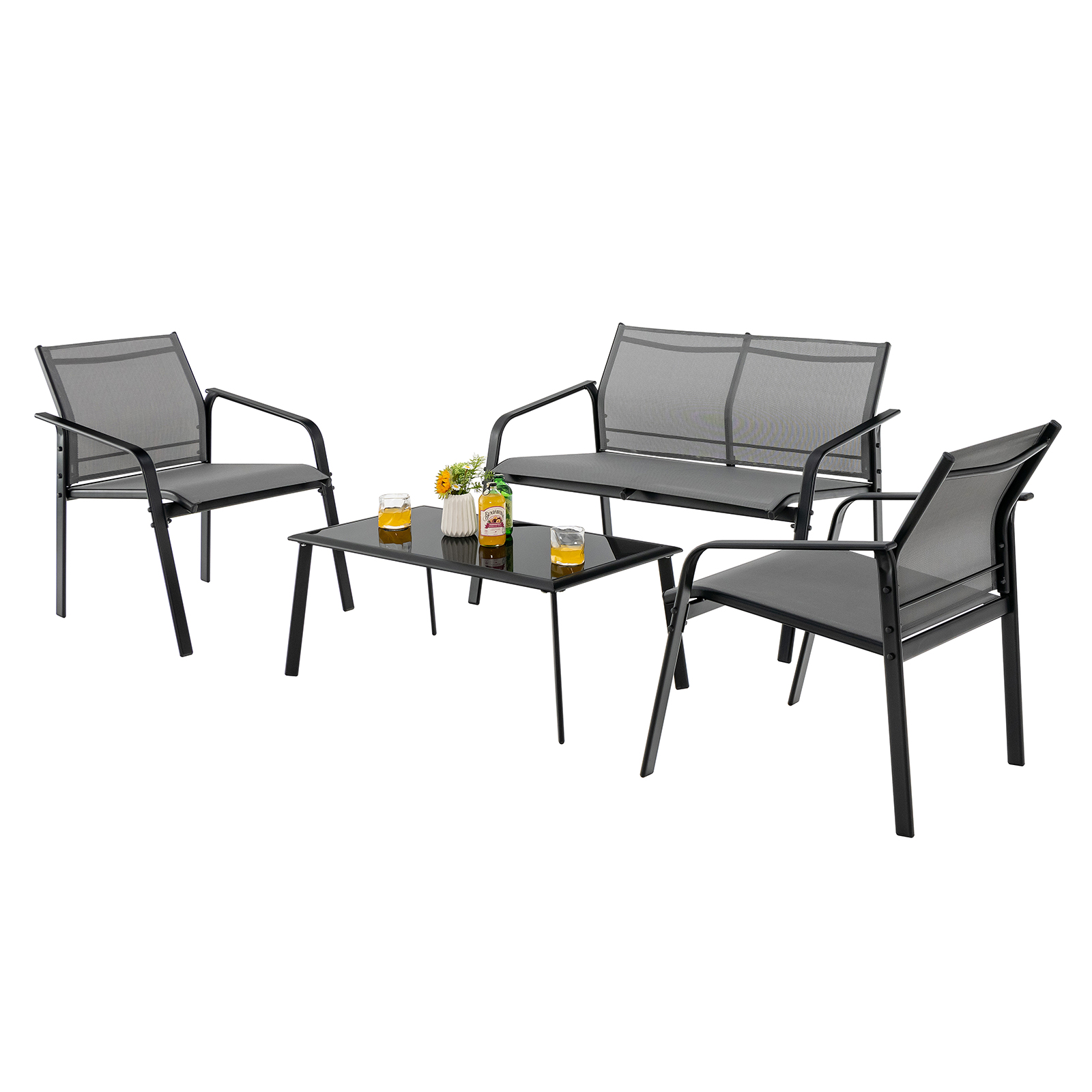 Patiojoy 4 PCS Patio Furniture Set Loveseat Sofas Armrest Glass Table Deck Grey