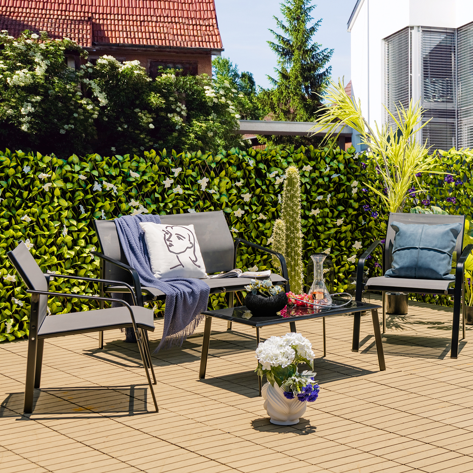 4 PCS Patio Furniture Set Outdoor Conversation Set w/Tempered Glass Coffee Table