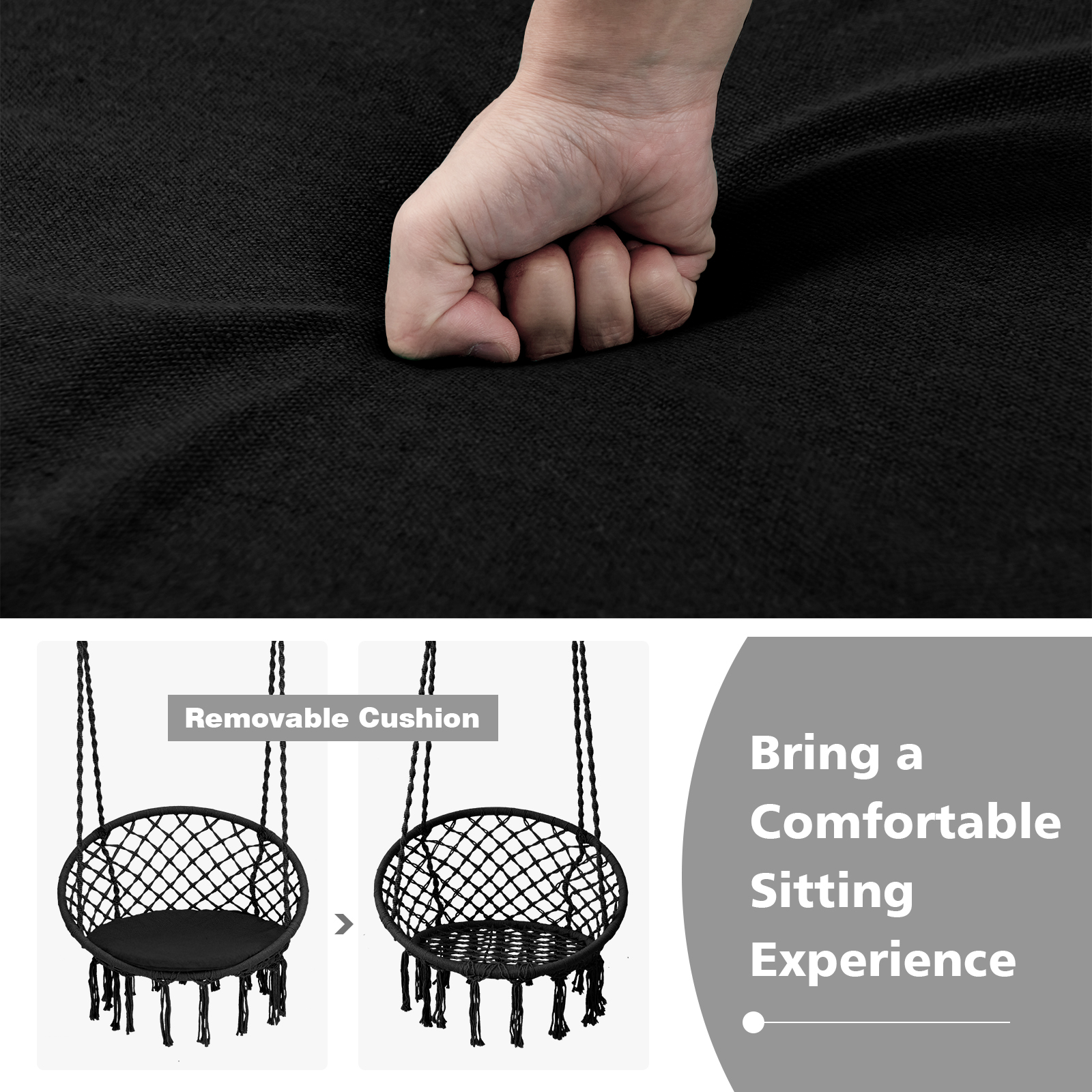 Hammock Swing Chair with Cushion Hanging Hardware Kit Indoor Outdoor Black