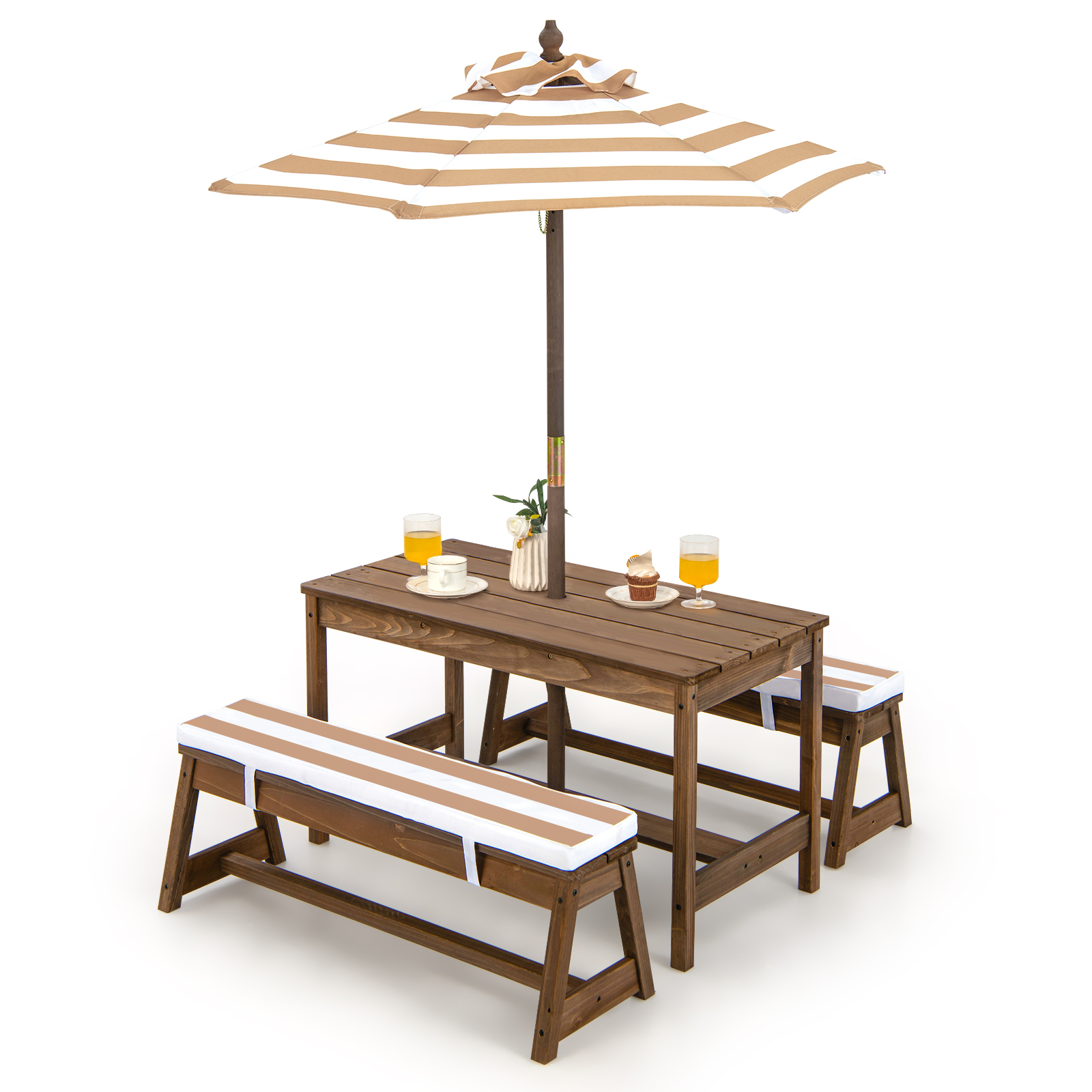 Kids Wood Picnic Table and Bench Set w/ Cushions Umbrella for Indoor Outdoor