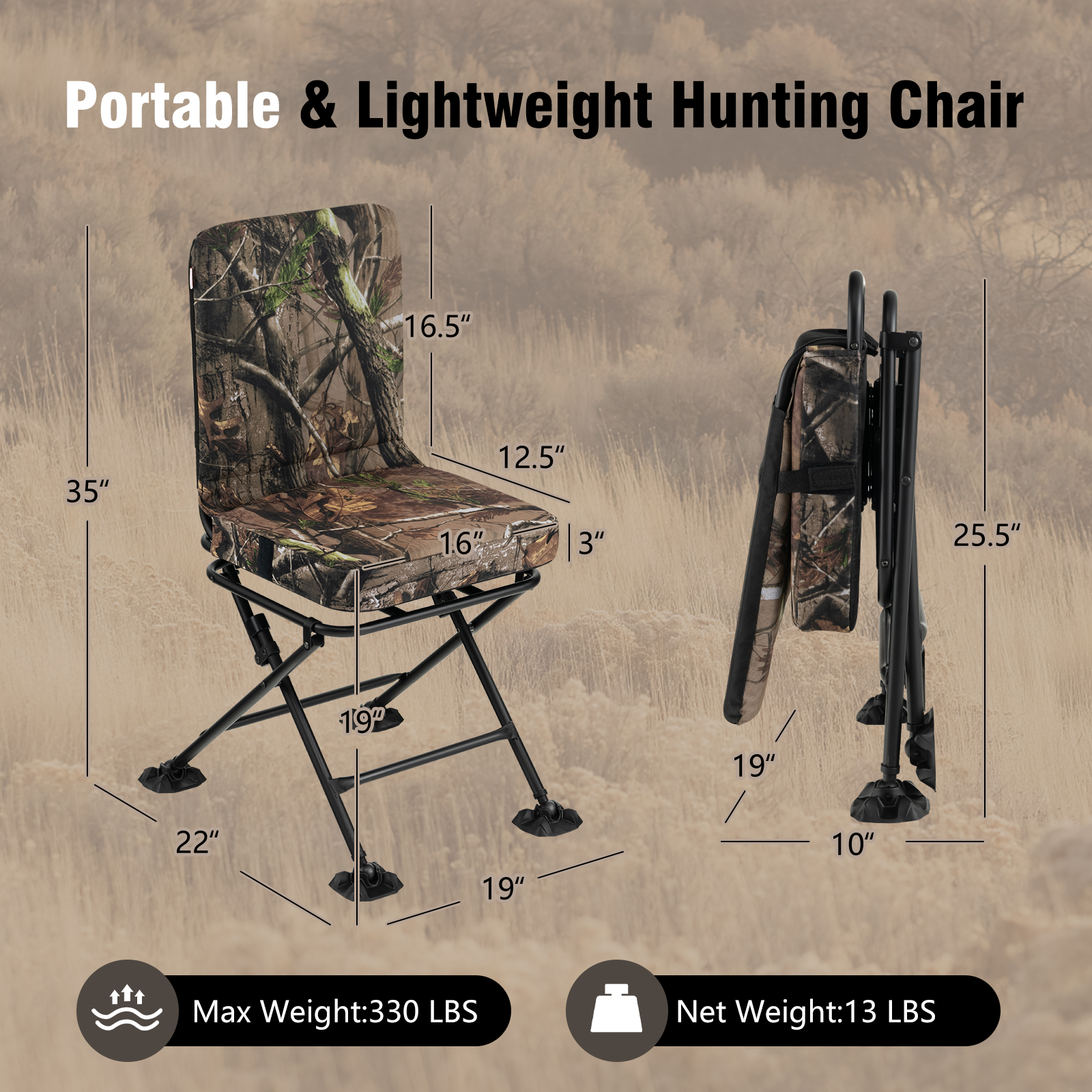Silla de caza giratoria giratoria de 360° giratoria Rotary con respaldo camuflaje - Imagen 2 de 11