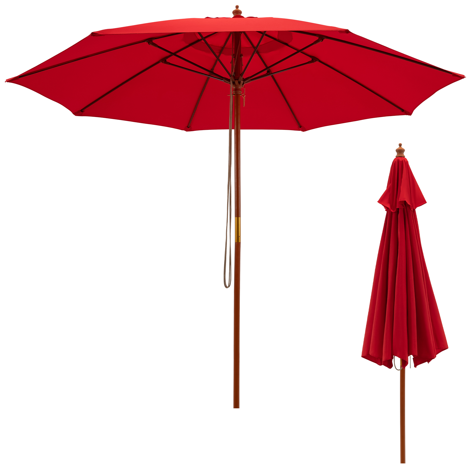 9.5 FT Wooden Patio Umbrella w/ Fiberglass Supporting Ribs & Wooden Pole - Picture 11 of 20