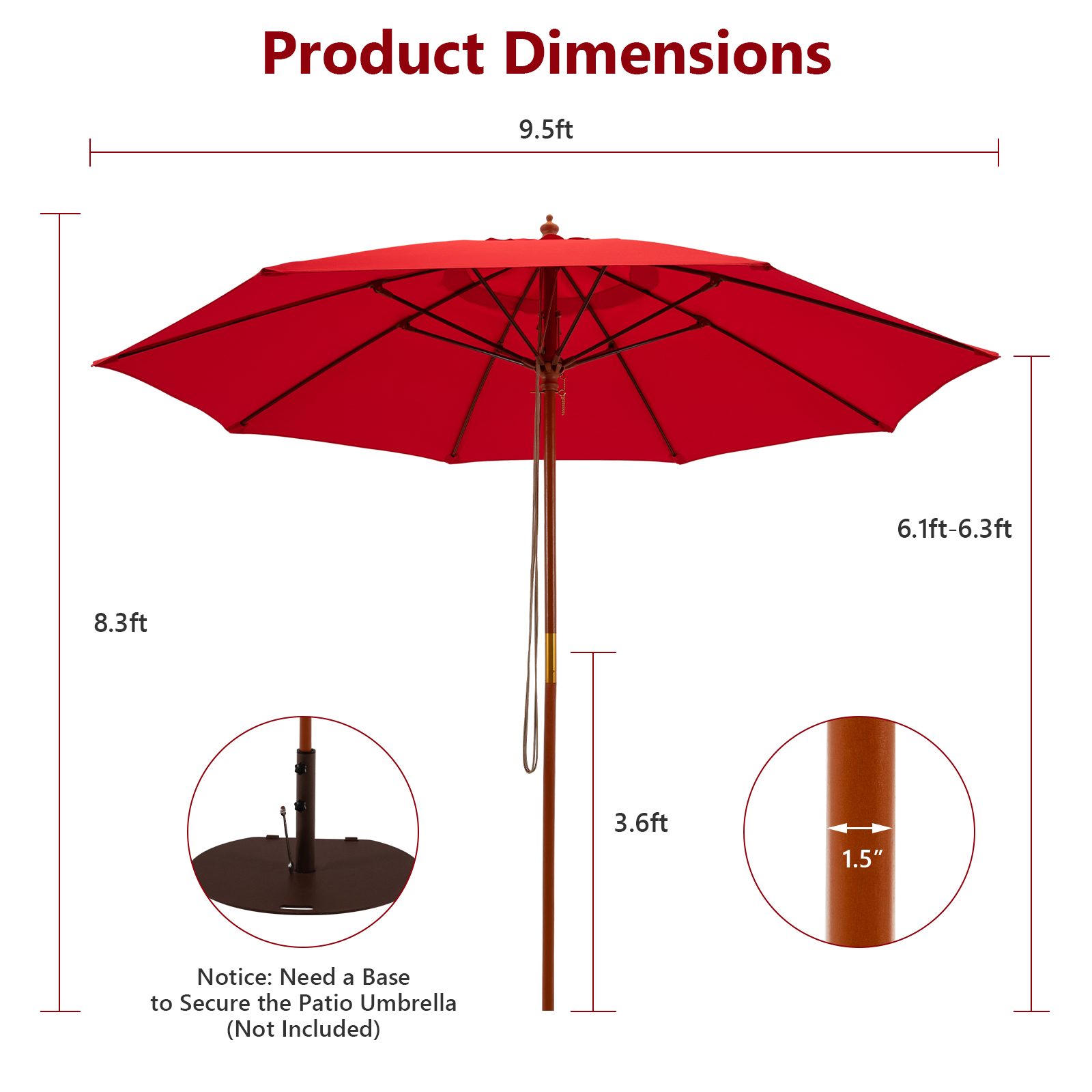 9.5 FT Wooden Patio Umbrella w/ Fiberglass Supporting Ribs & Wooden Pole - Picture 12 of 20