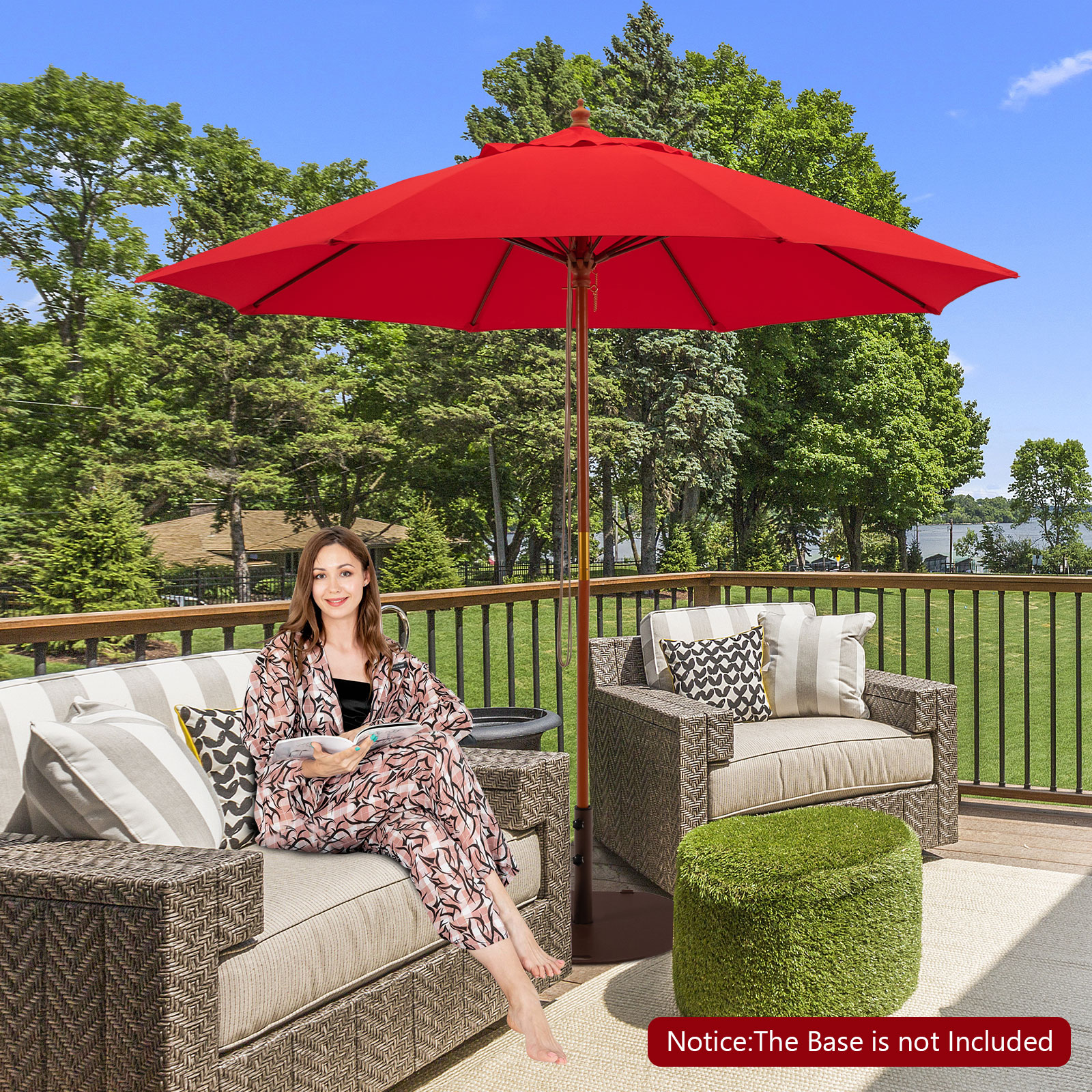 9.5 FT Wooden Patio Umbrella w/ Fiberglass Supporting Ribs & Wooden Pole - Picture 15 of 20