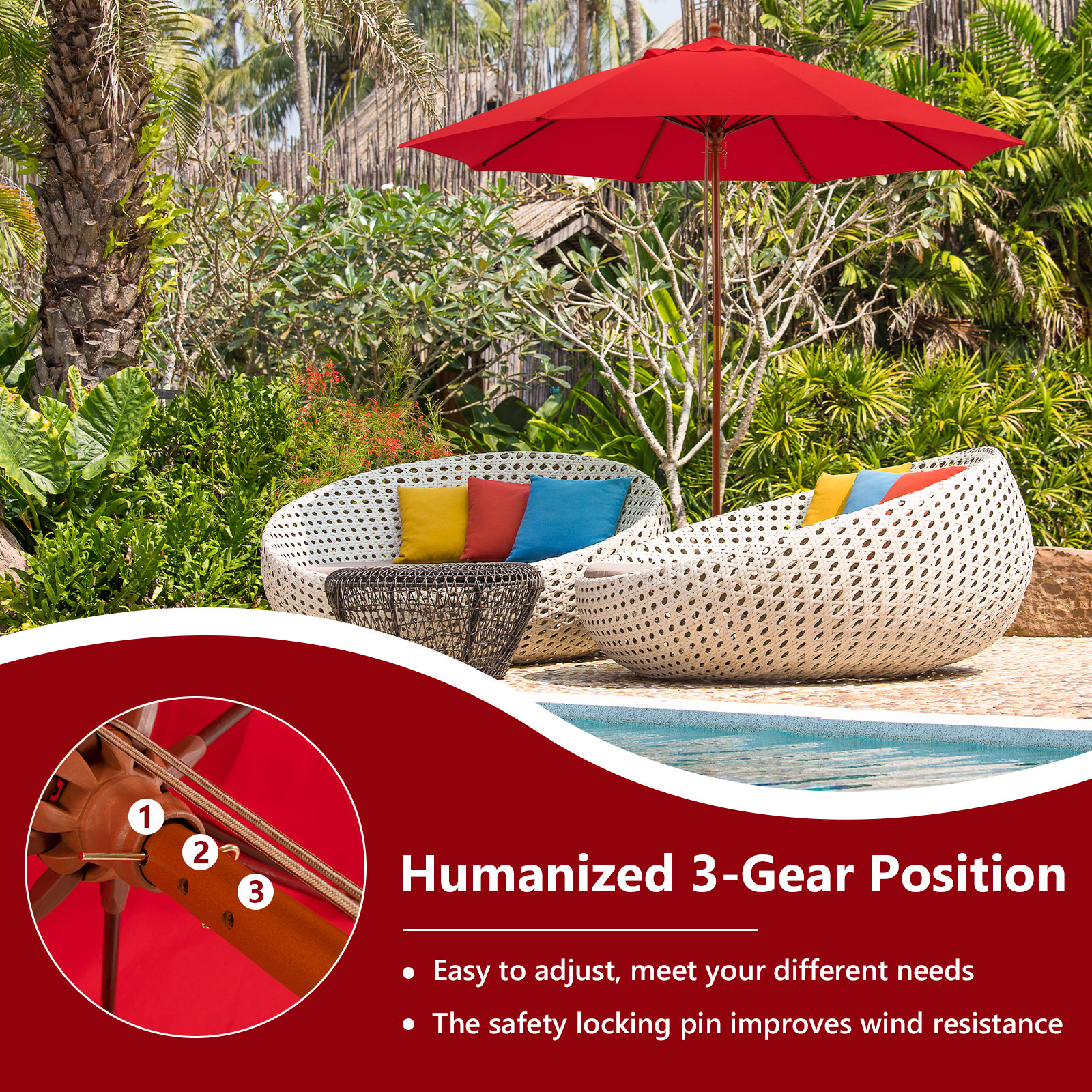 9.5 FT Wooden Patio Umbrella w/ Fiberglass Supporting Ribs & Wooden Pole - Picture 17 of 20