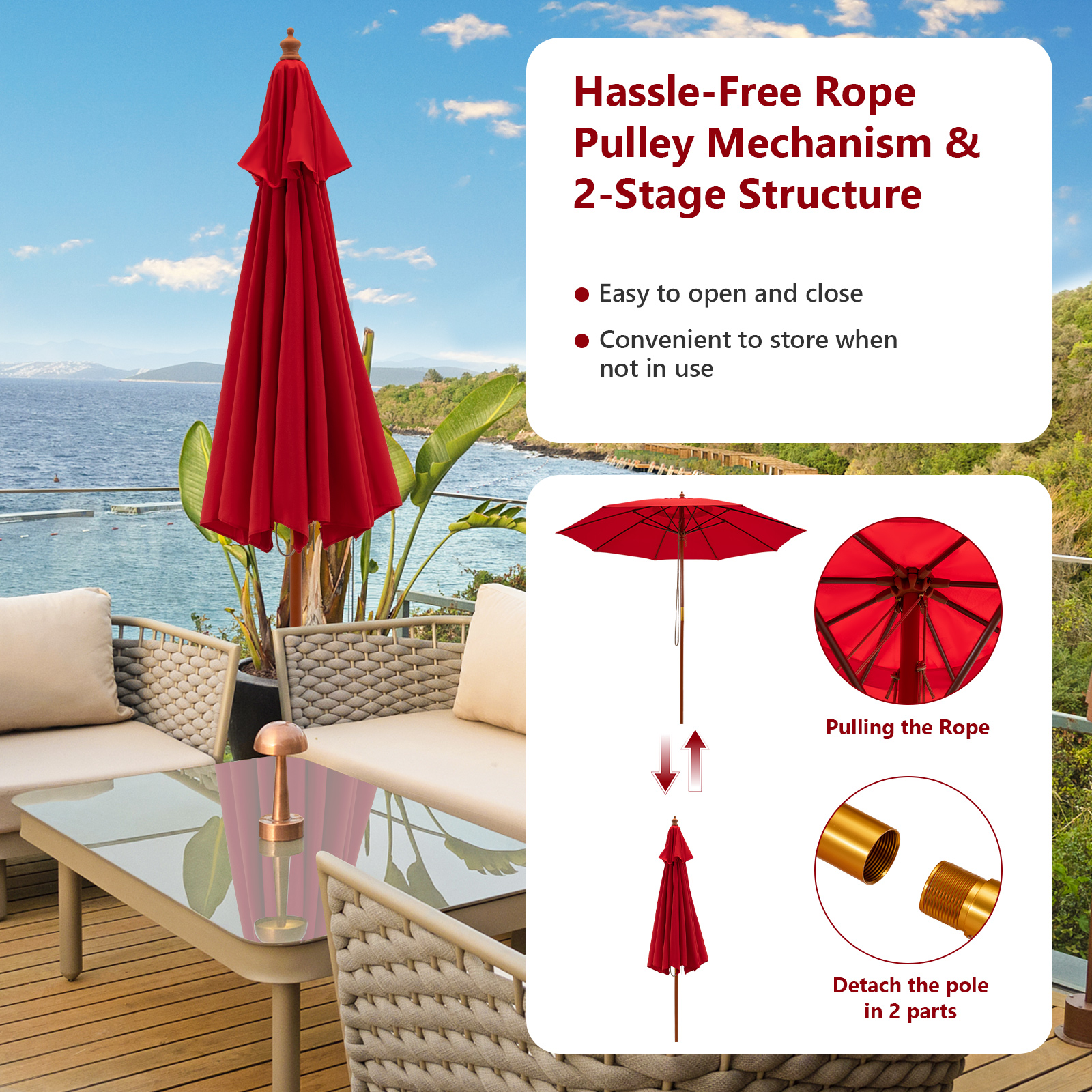 9.5 FT Wooden Patio Umbrella w/ Fiberglass Supporting Ribs & Wooden Pole - Picture 18 of 20