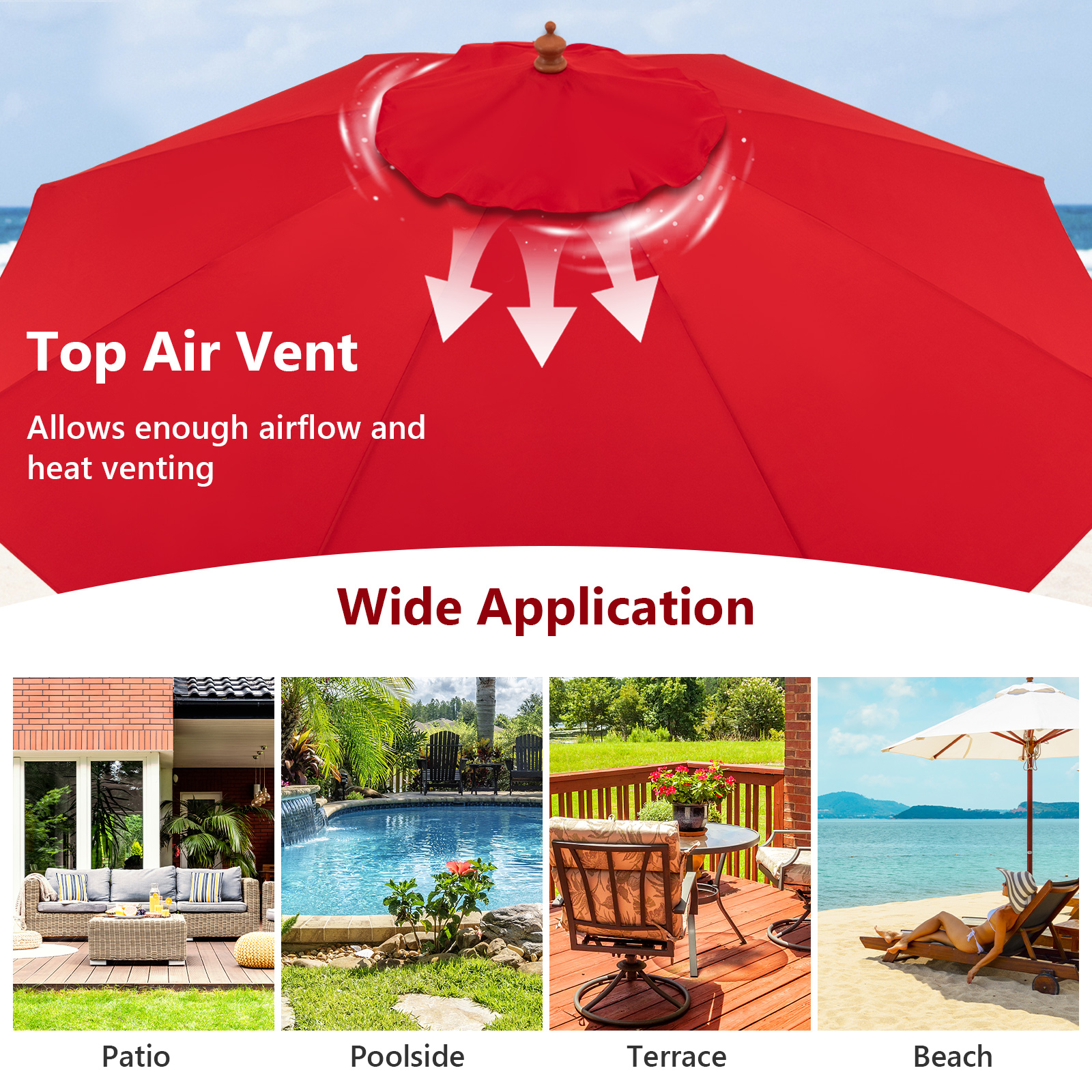 9.5 FT Wooden Patio Umbrella w/ Fiberglass Supporting Ribs & Wooden Pole - Picture 19 of 20