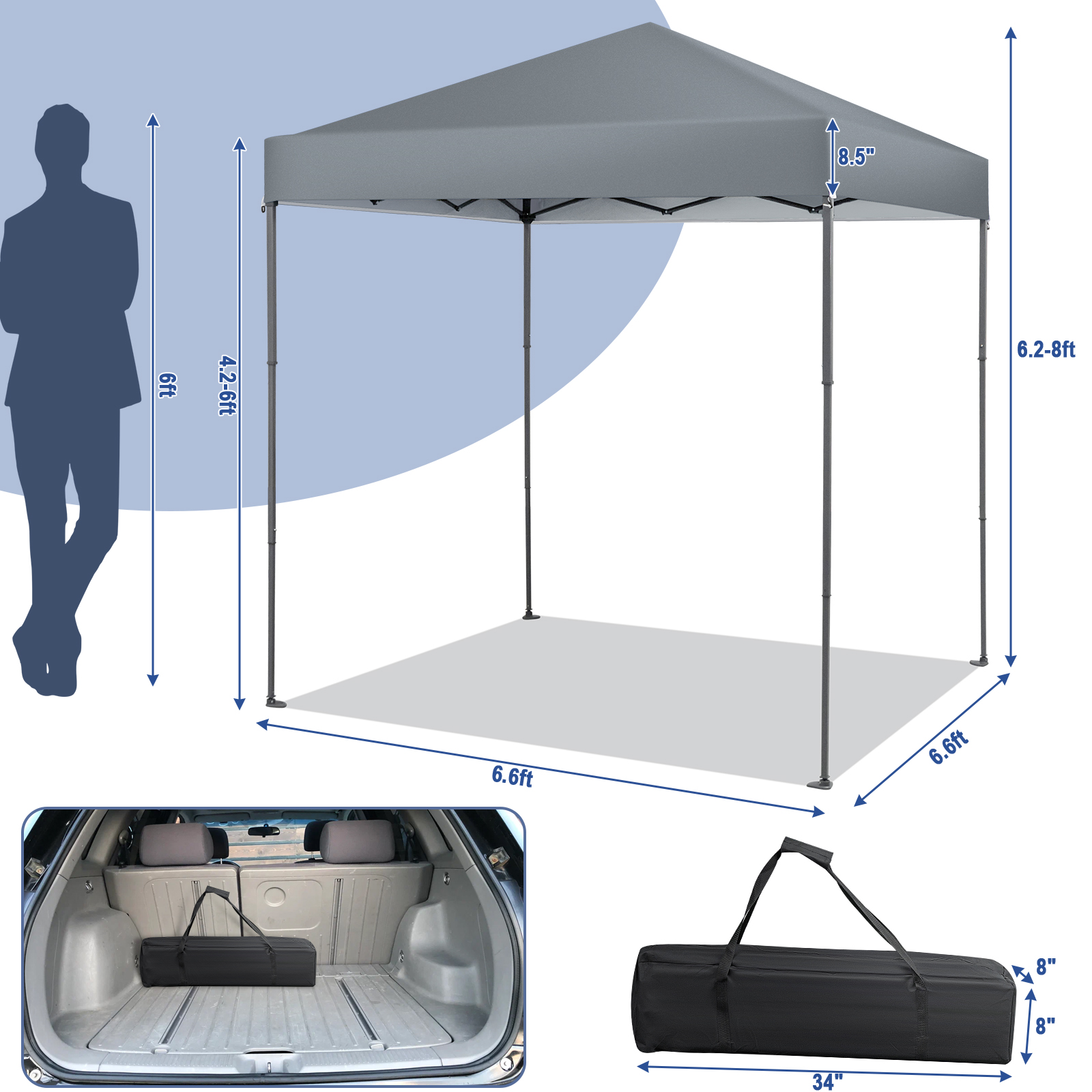Patio 6.6×6.6ft Outdoor Pop-up Canopy Tent UPF 50+ Portable Sun Shelter Gray