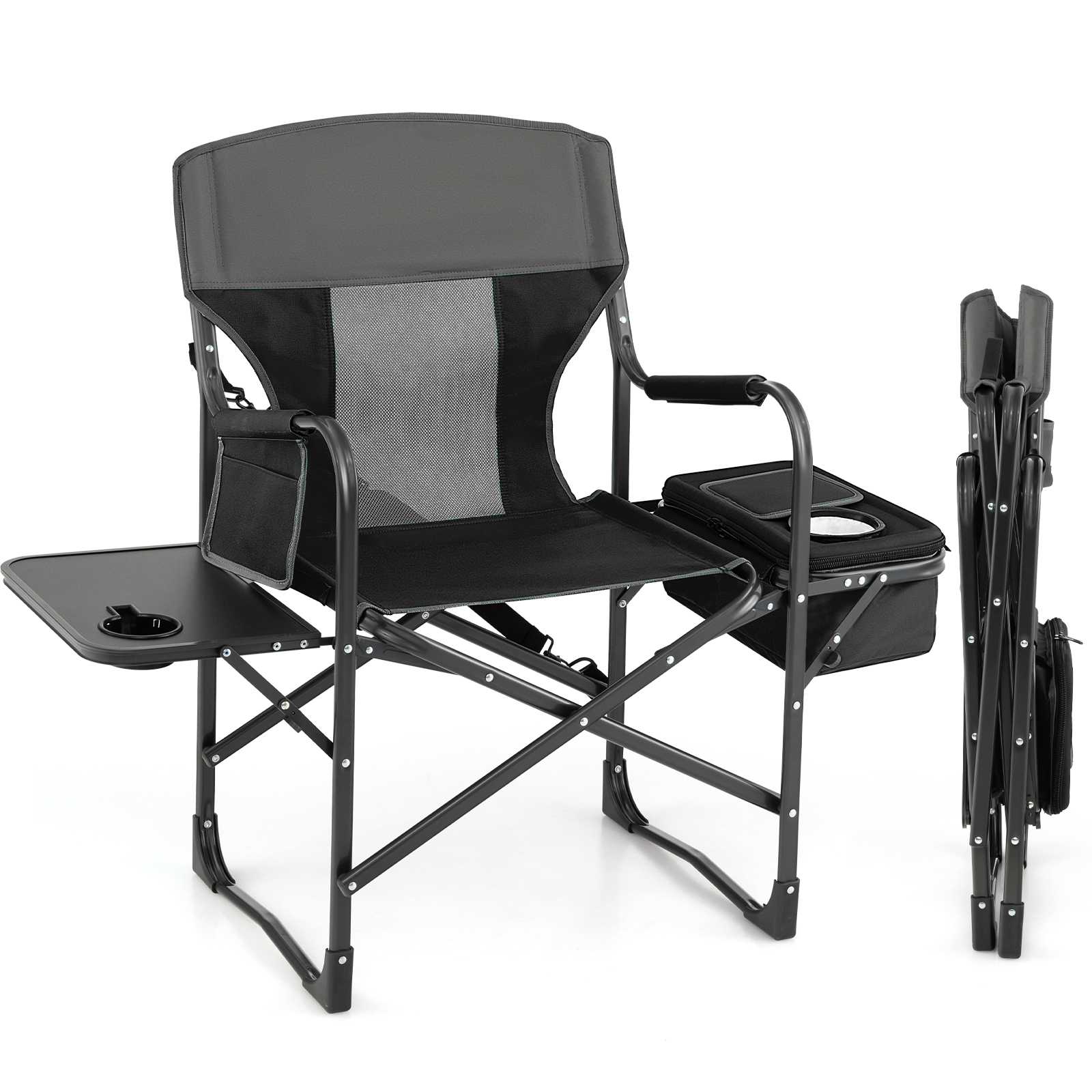 Folding Camping Directors Chair Portable w/ Cooler Bag & Side Table Black