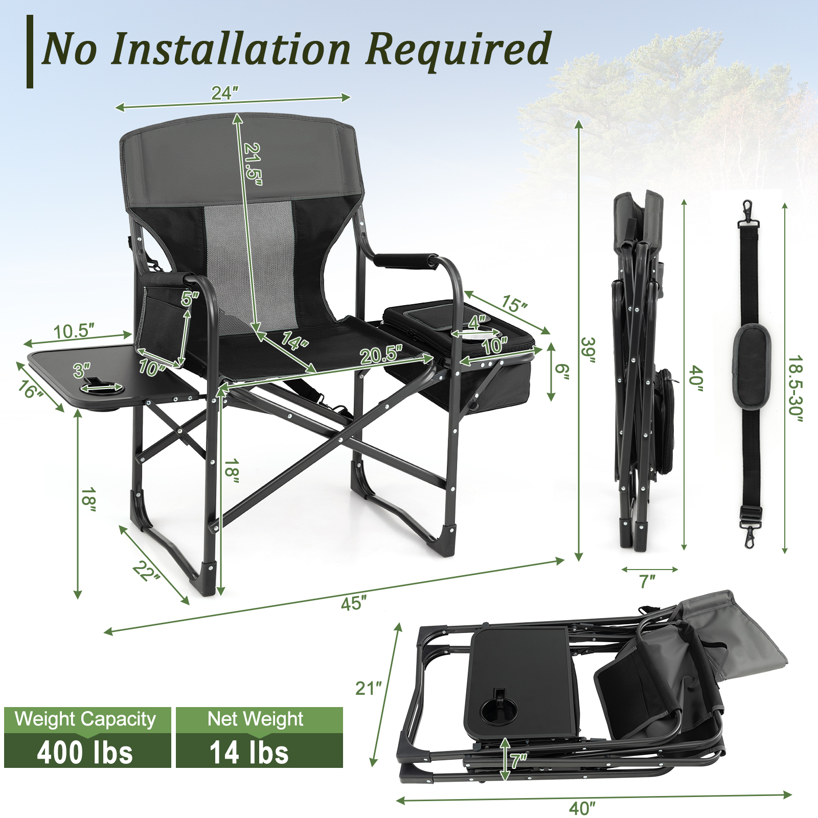 Folding Camping Directors Chair Portable w/ Cooler Bag & Side Table Black