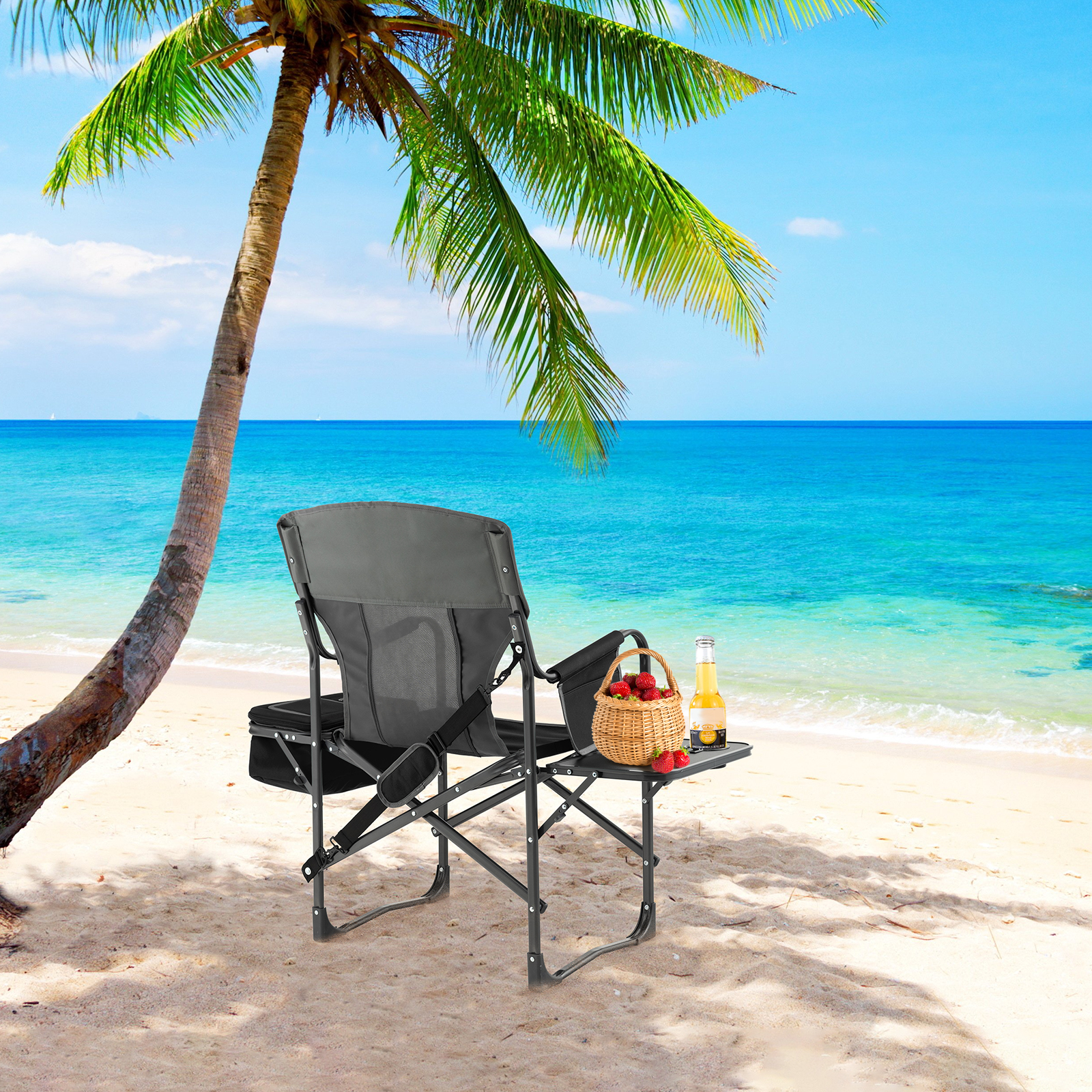 Folding Camping Directors Chair Portable w/ Cooler Bag & Side Table Black