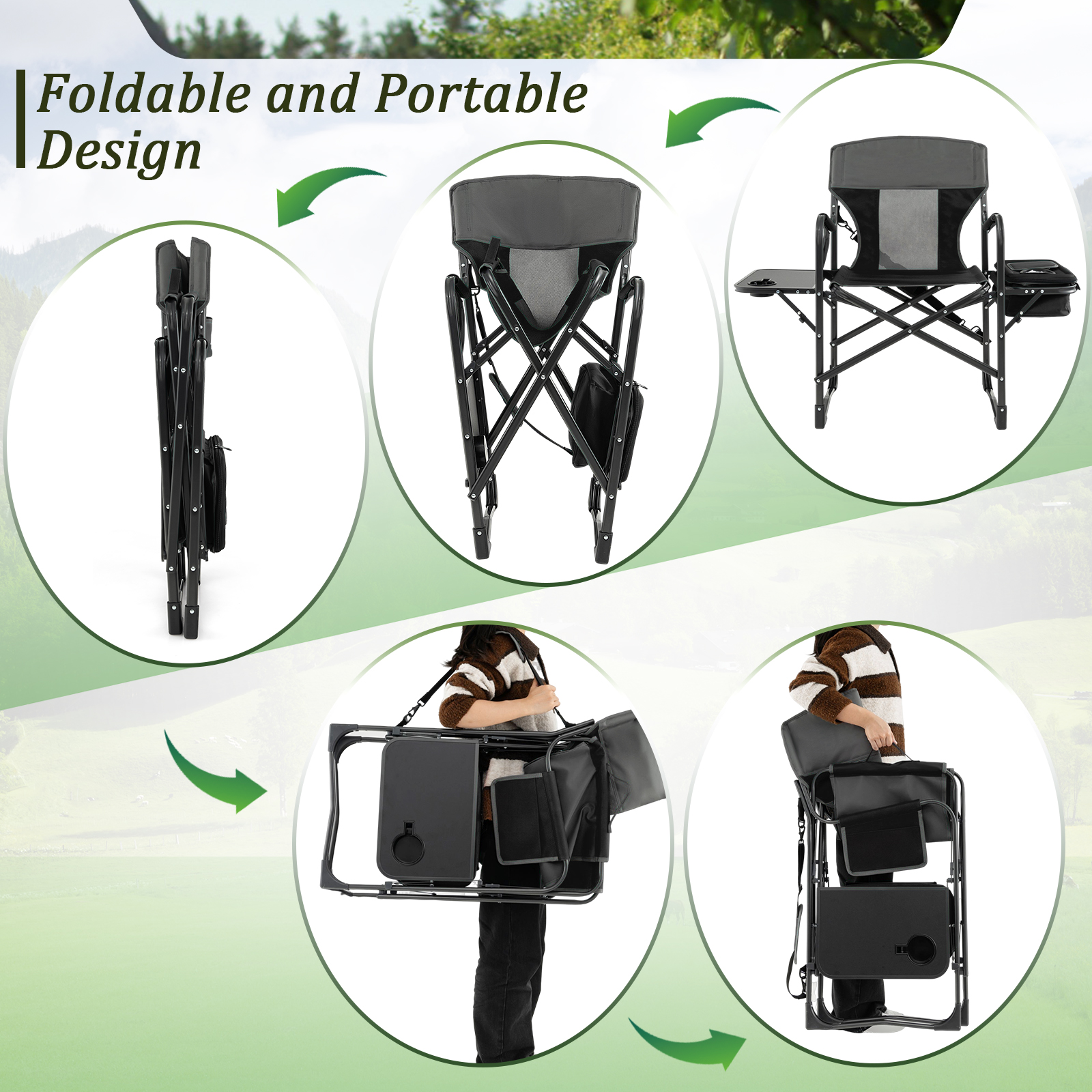 Folding Camping Directors Chair Portable w/ Cooler Bag & Side Table Black
