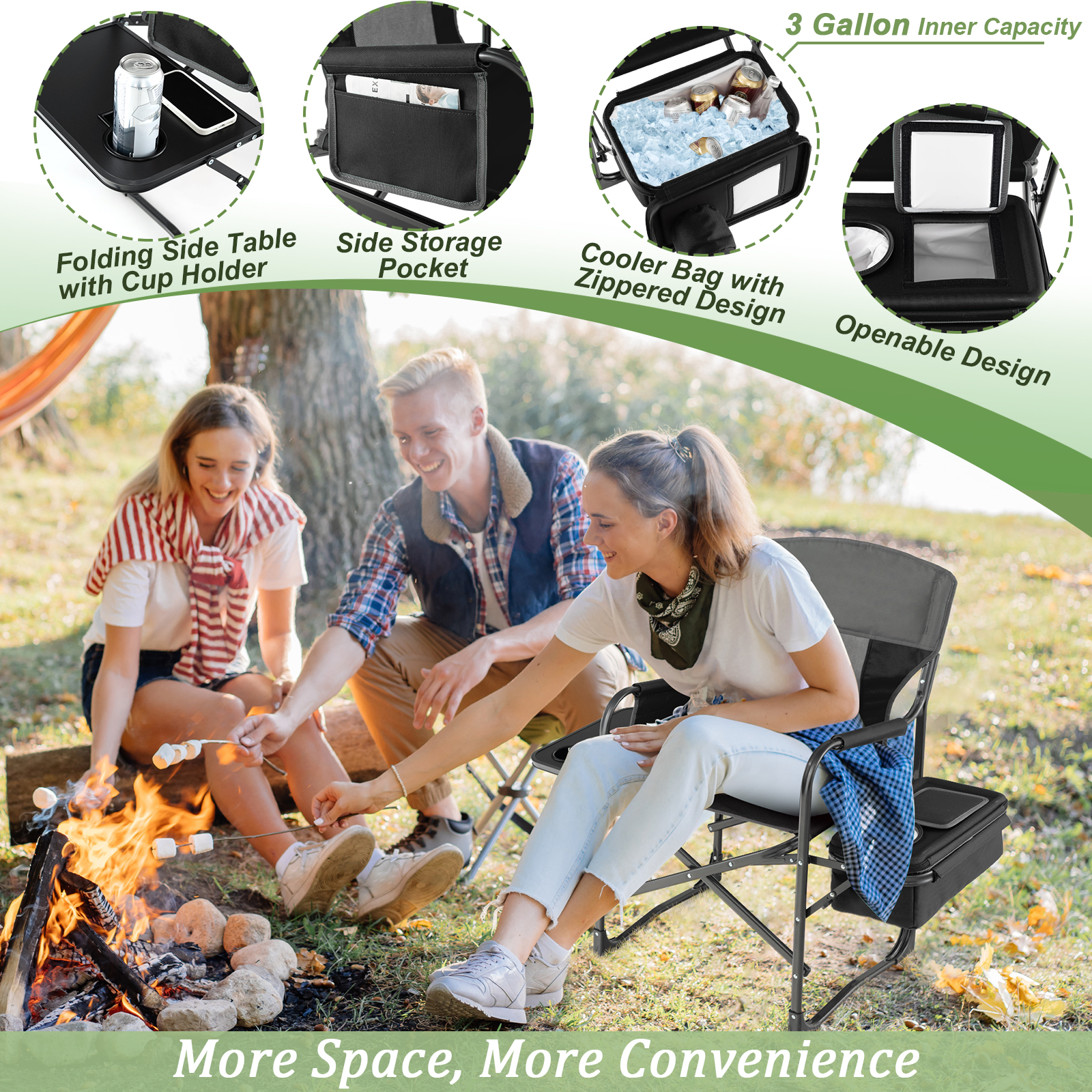 Folding Camping Directors Chair Portable w/ Cooler Bag & Side Table Black