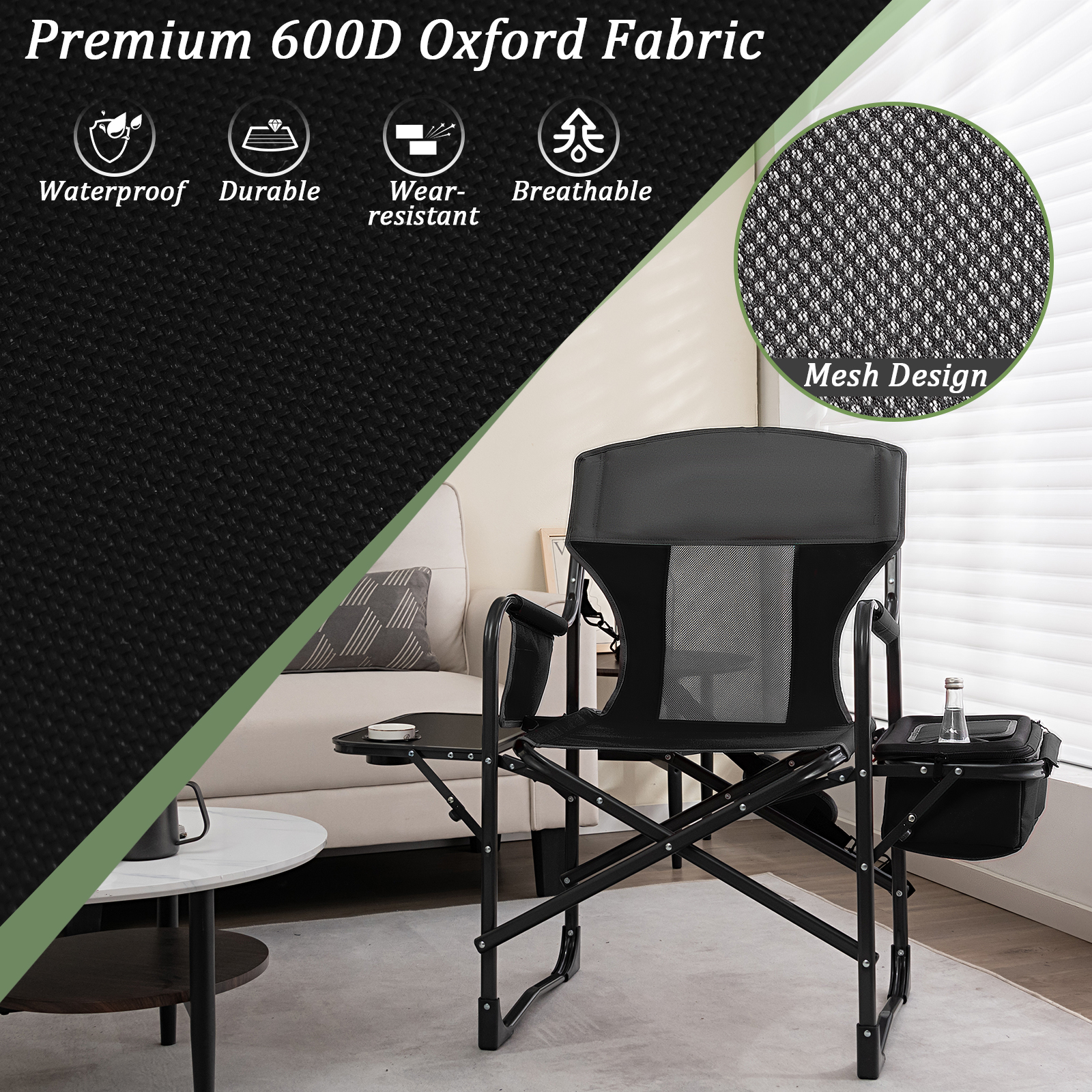 Folding Camping Directors Chair Portable w/ Cooler Bag & Side Table Black