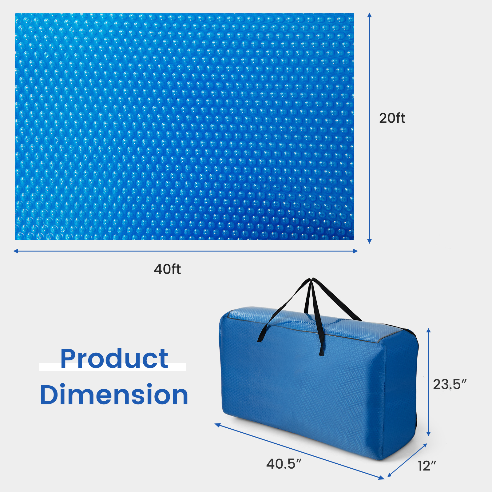 40x20 ft Rectangular Pool Solar Cover 12 Mil Heat Retaining Blanket w/Carry Bag