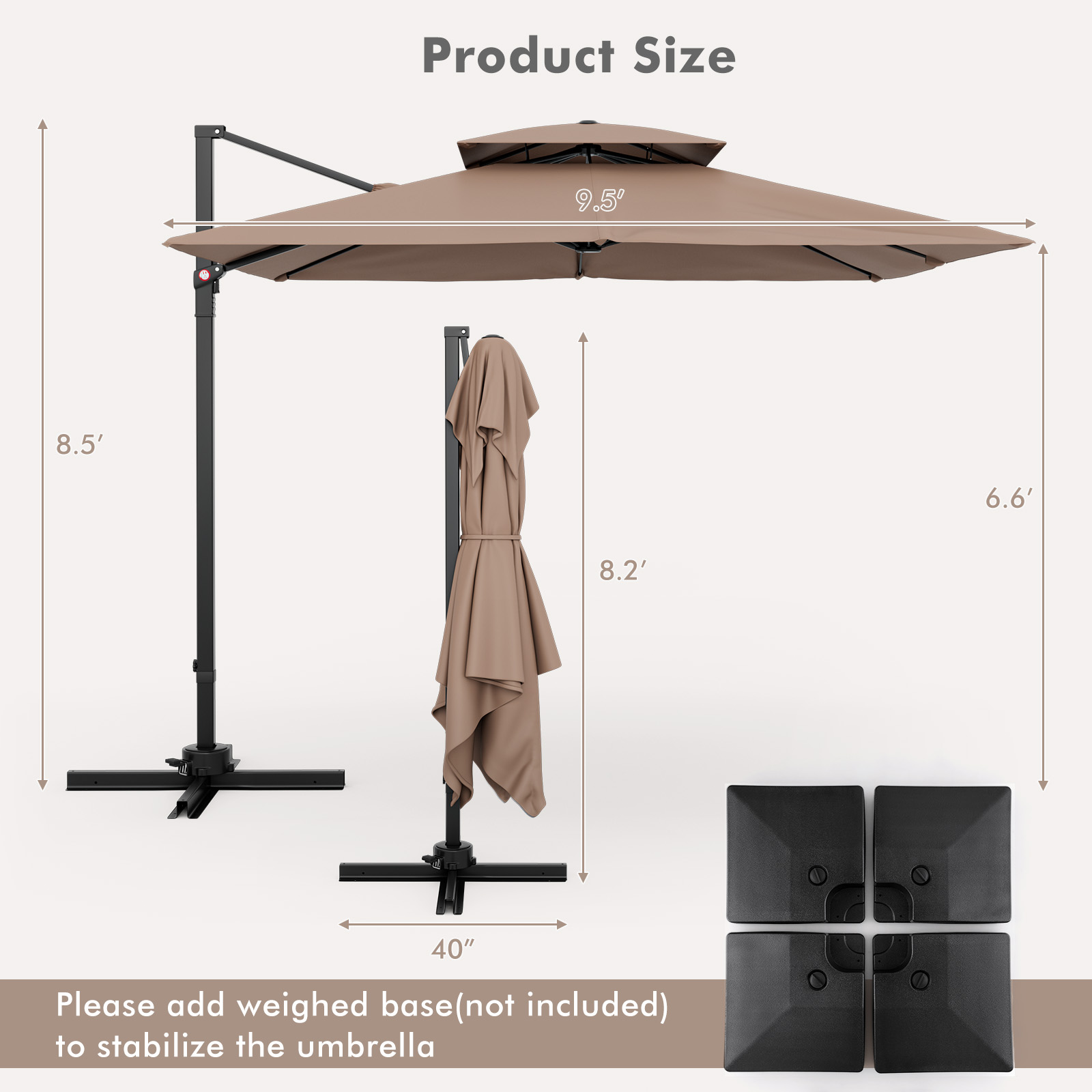 Patio 9.5' Square Cantilever Offset Umbrella Double Vented 360° Heavy Duty - Picture 9 of 21