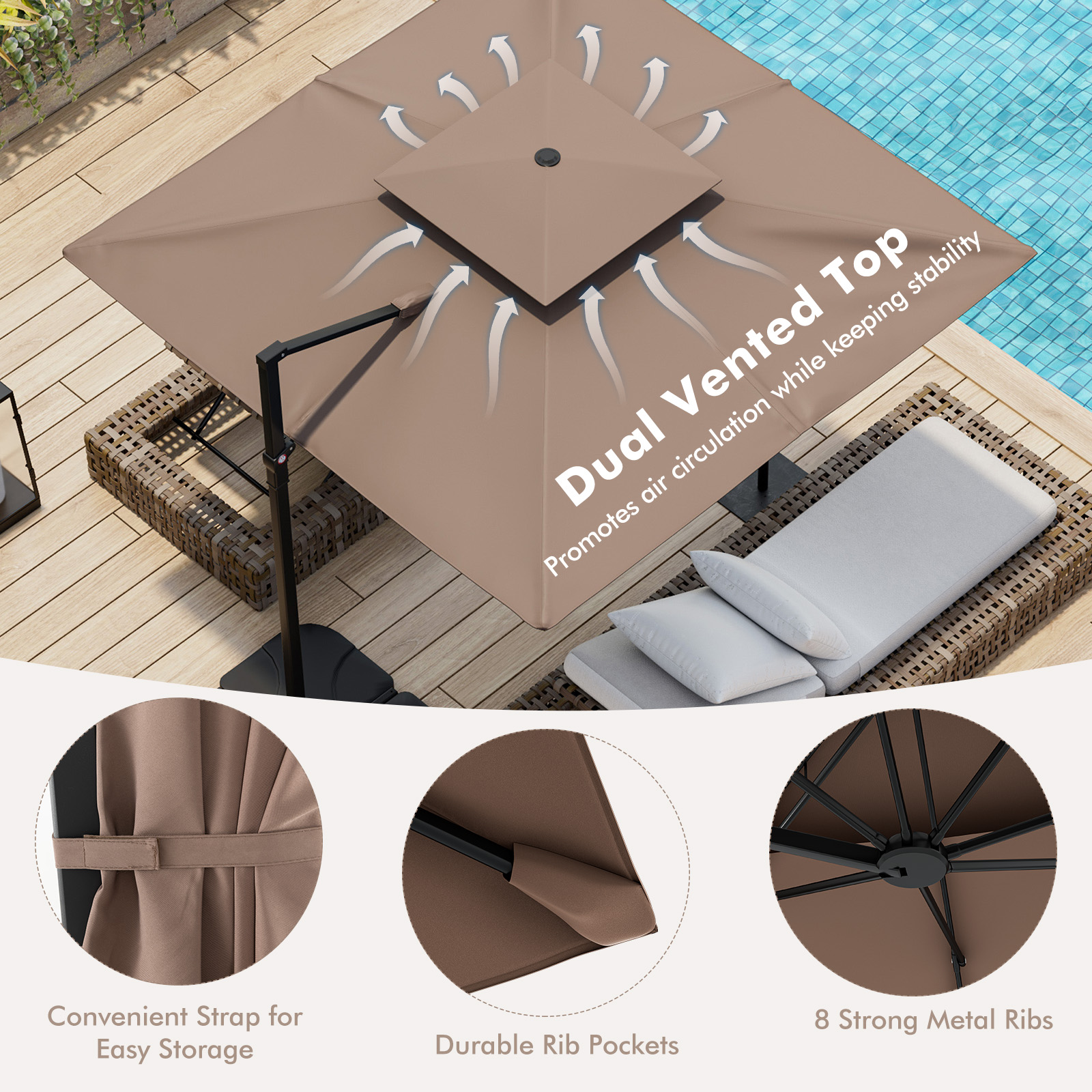 Patio 9.5' Square Cantilever Offset Umbrella Double Vented 360° Heavy Duty - Picture 14 of 21