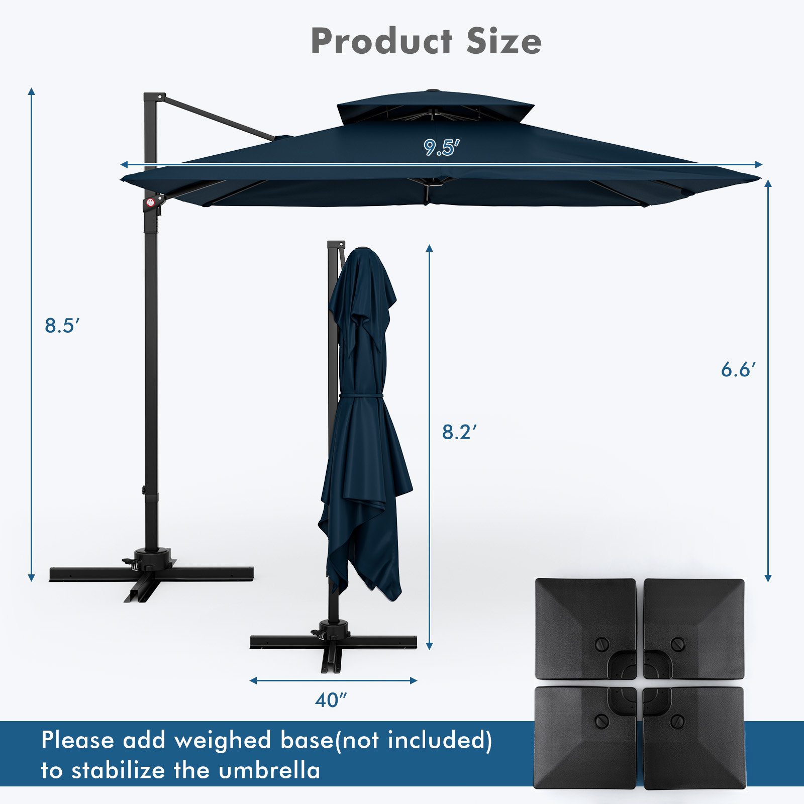 Patio 9.5' Square Cantilever Offset Umbrella Double Vented 360° Heavy Duty - Picture 16 of 21