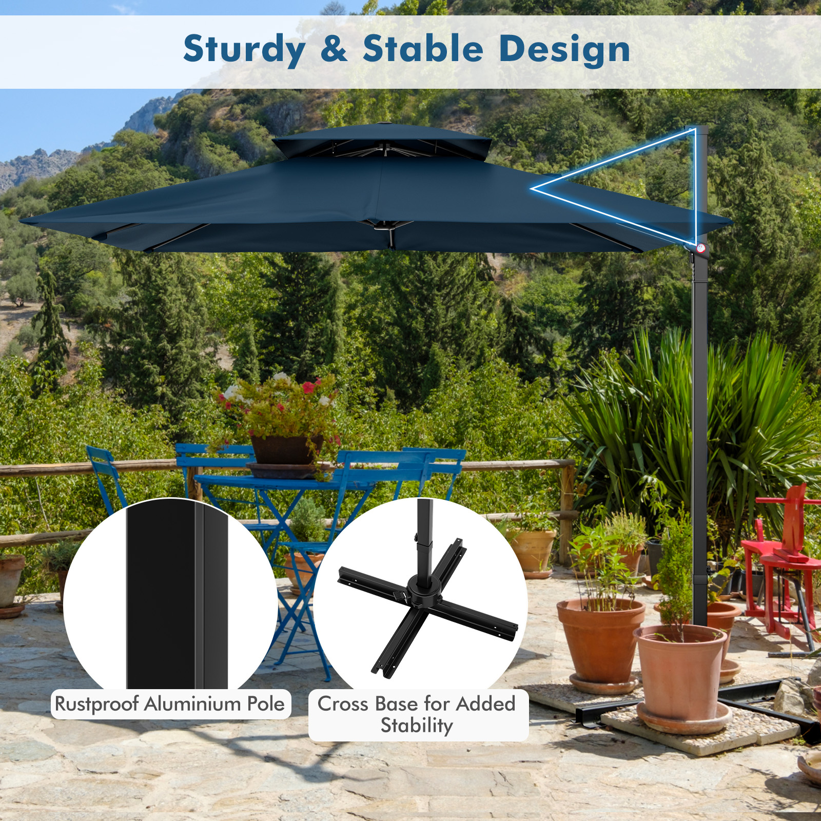 Patio 9.5' Square Cantilever Offset Umbrella Double Vented 360° Heavy Duty - Picture 19 of 21