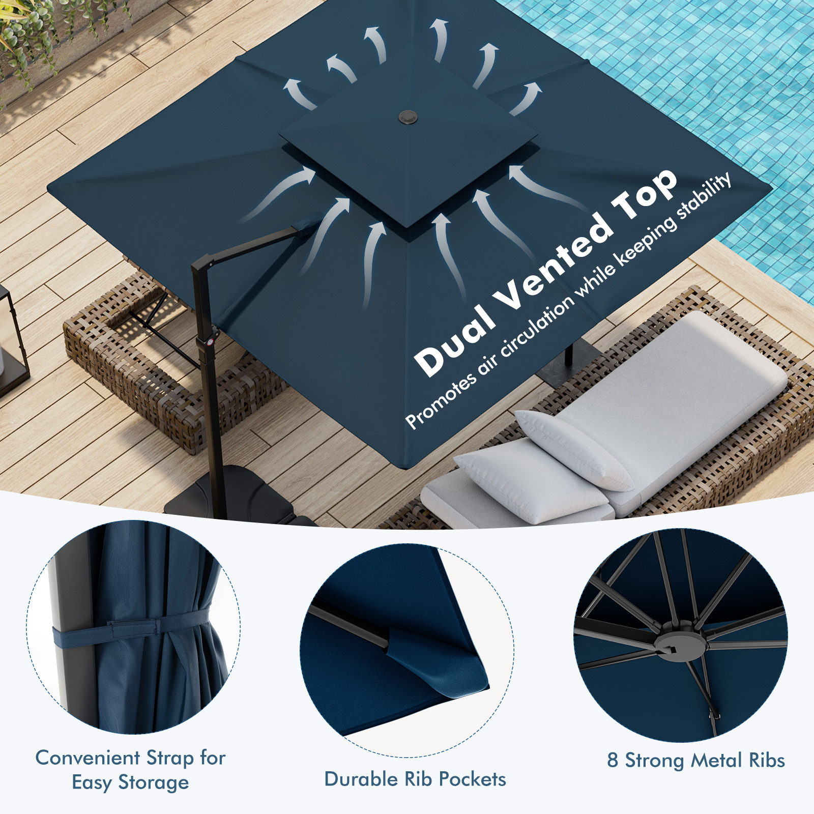 Patio 9.5' Square Cantilever Offset Umbrella Double Vented 360° Heavy Duty - Picture 21 of 21