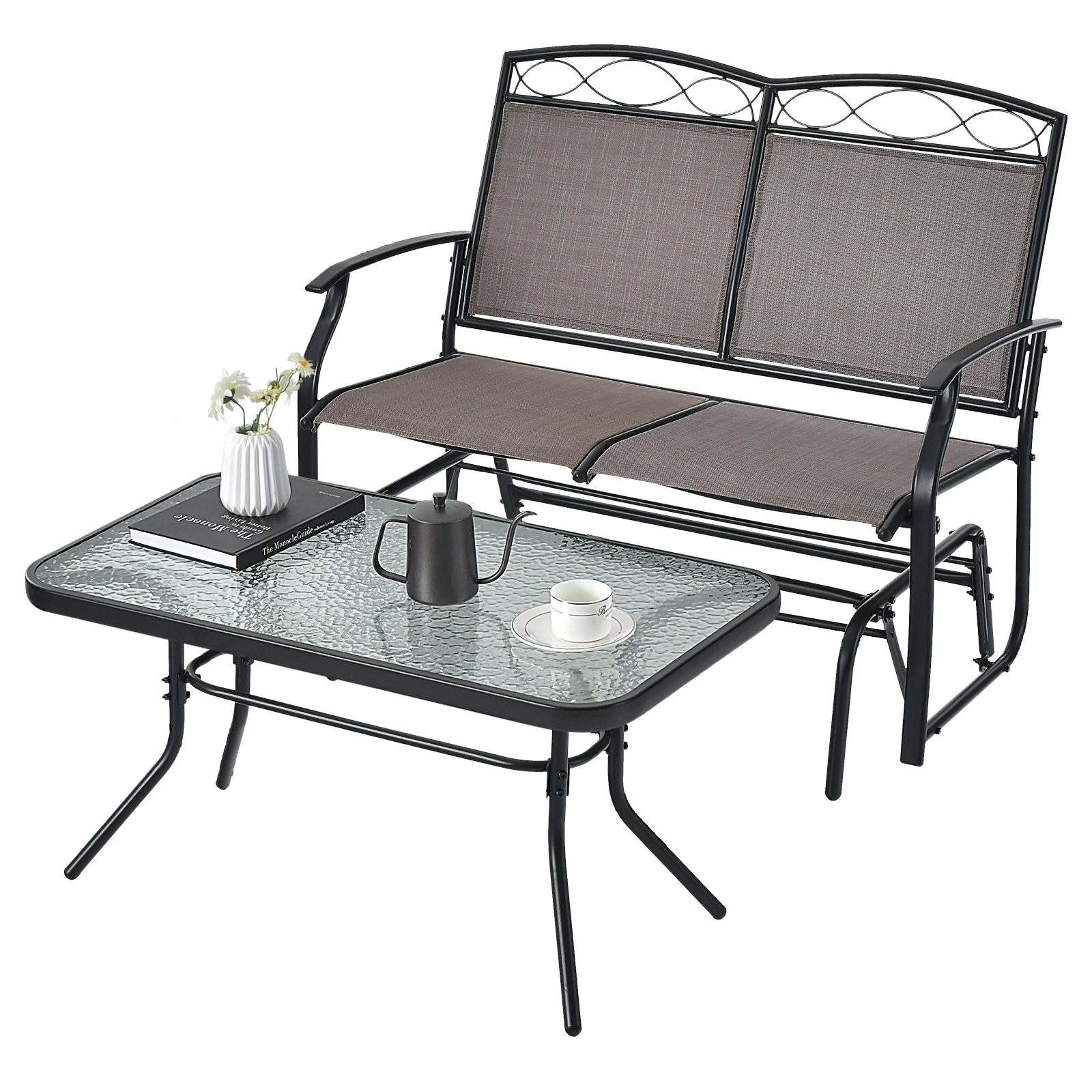Patio 2pcs Loveseat Glider Glass Coffee Table Set Heavy-Duty Swing Rocking Chair - Picture 7 of 7