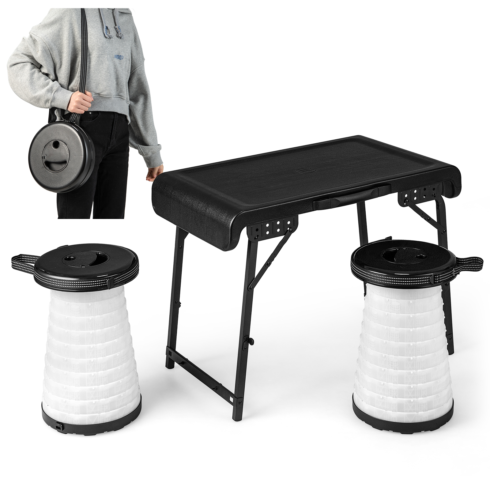 Folding 3-Piece Table Stool Set with a Camping Table & 2 Retractable LED Stools