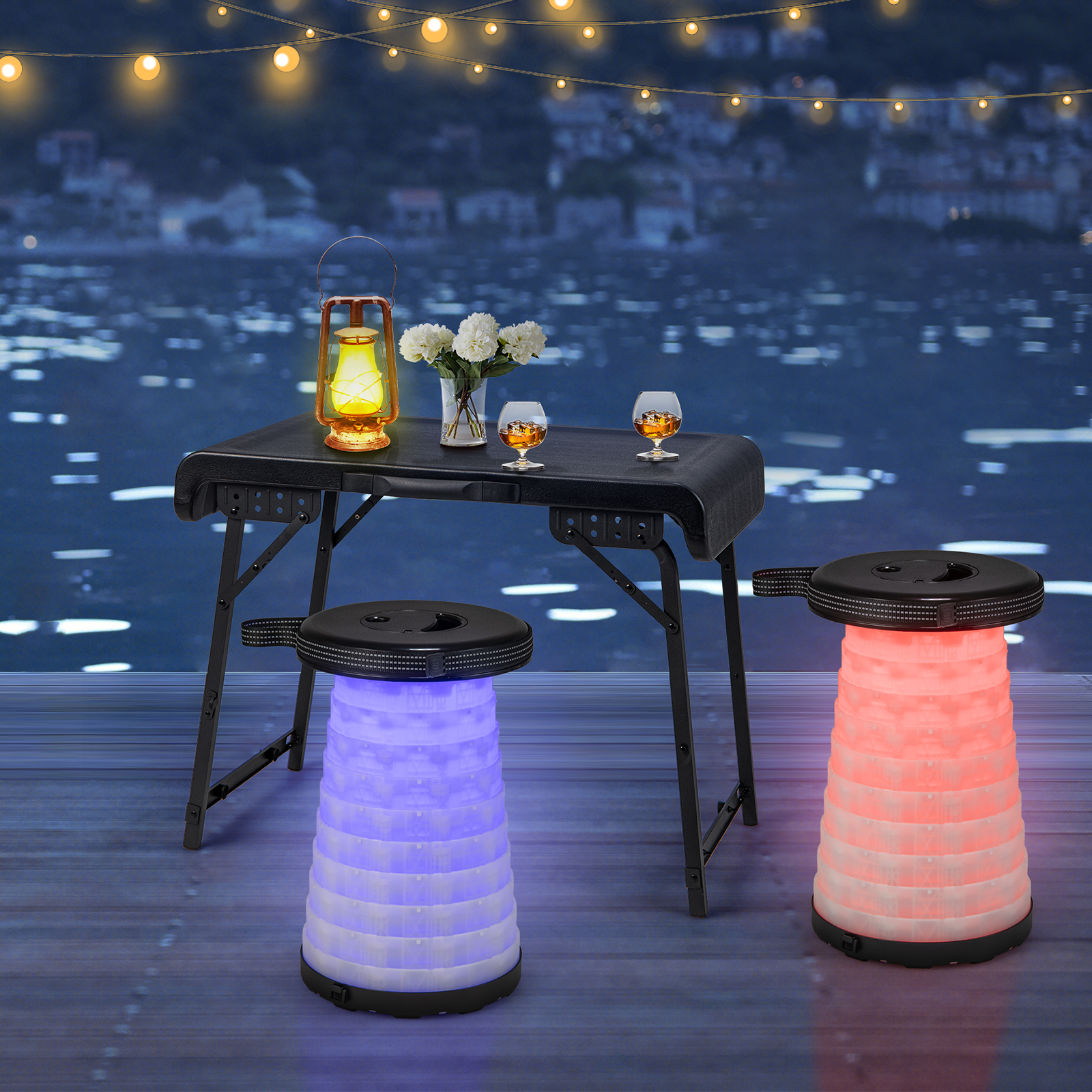 Folding 3-Piece Table Stool Set with a Camping Table & 2 Retractable LED Stools