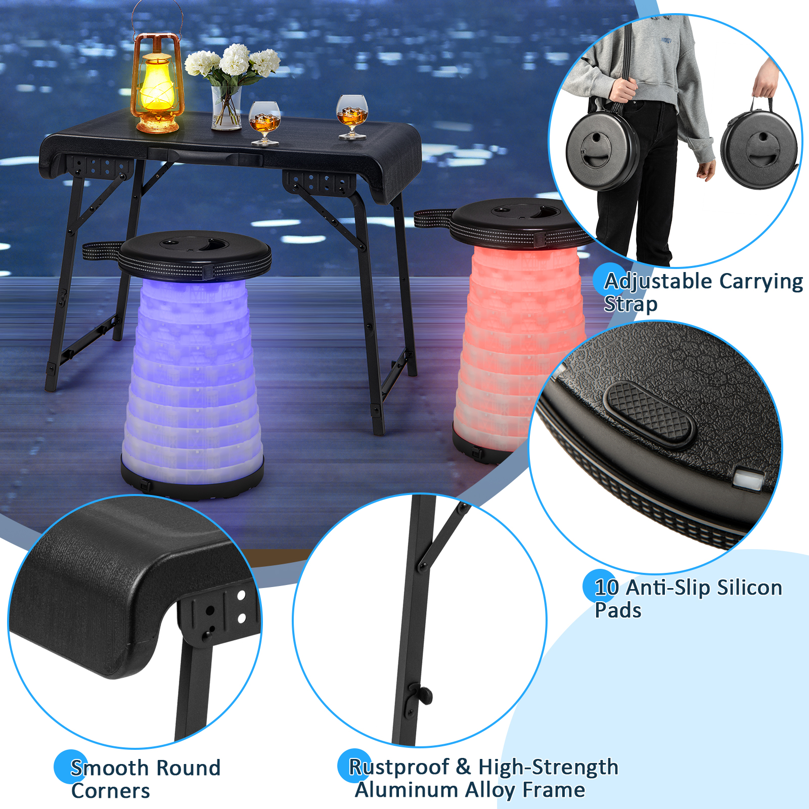 Folding 3-Piece Table Stool Set with a Camping Table & 2 Retractable LED Stools