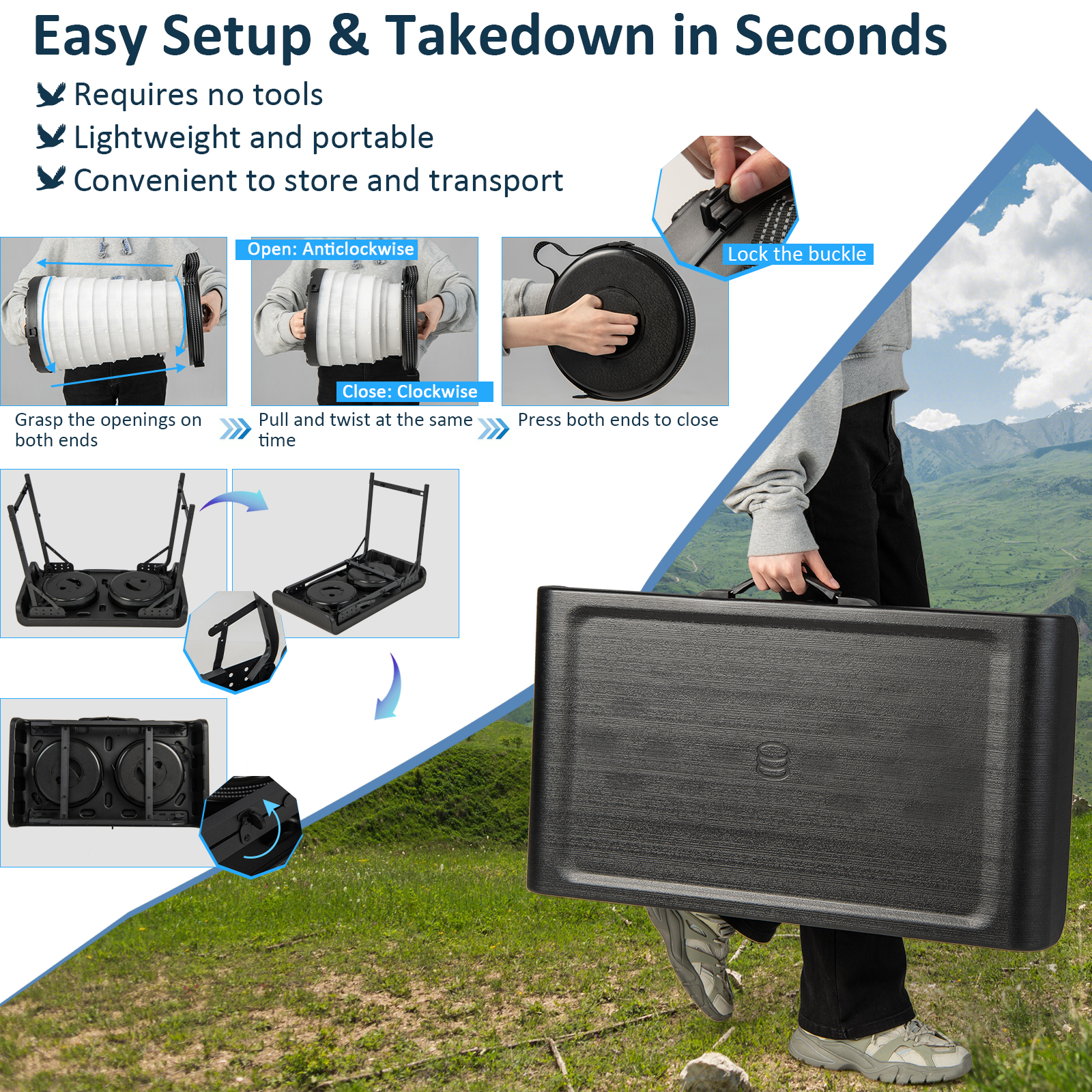 Folding 3-Piece Table Stool Set with a Camping Table & 2 Retractable LED Stools