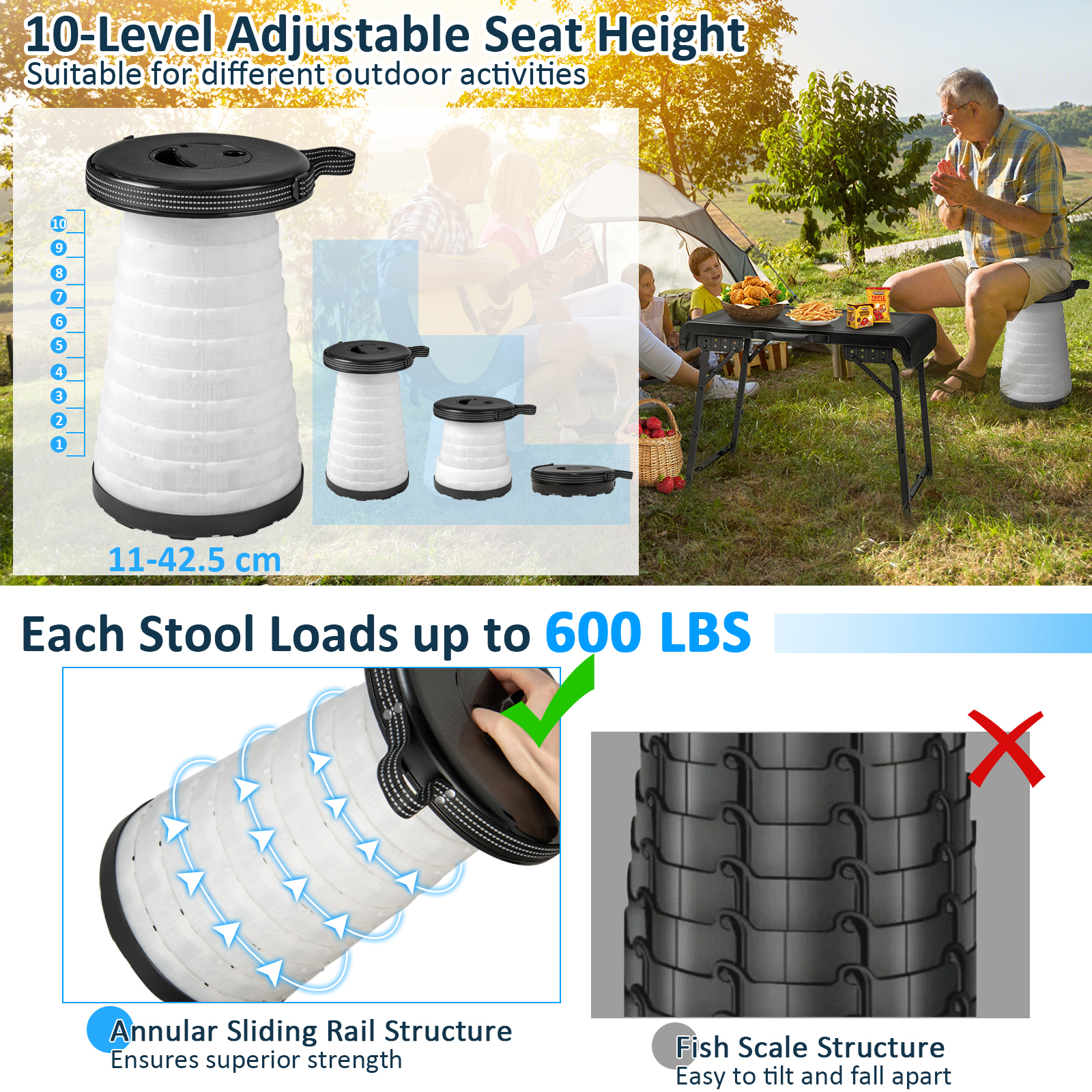 Folding 3-Piece Table Stool Set with a Camping Table & 2 Retractable LED Stools