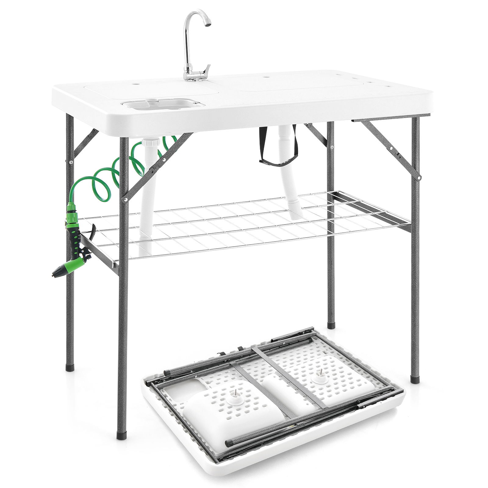 2-in-1 Tragbarer Campingtisch Klappbar Fischputztisch mit Wasserhahn Weiß - Bild 10 von 10
