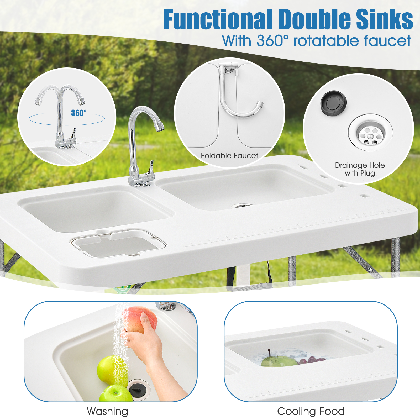 2-in-1 Tragbarer Campingtisch Klappbar Fischputztisch mit Wasserhahn Weiß - Bild 8 von 10
