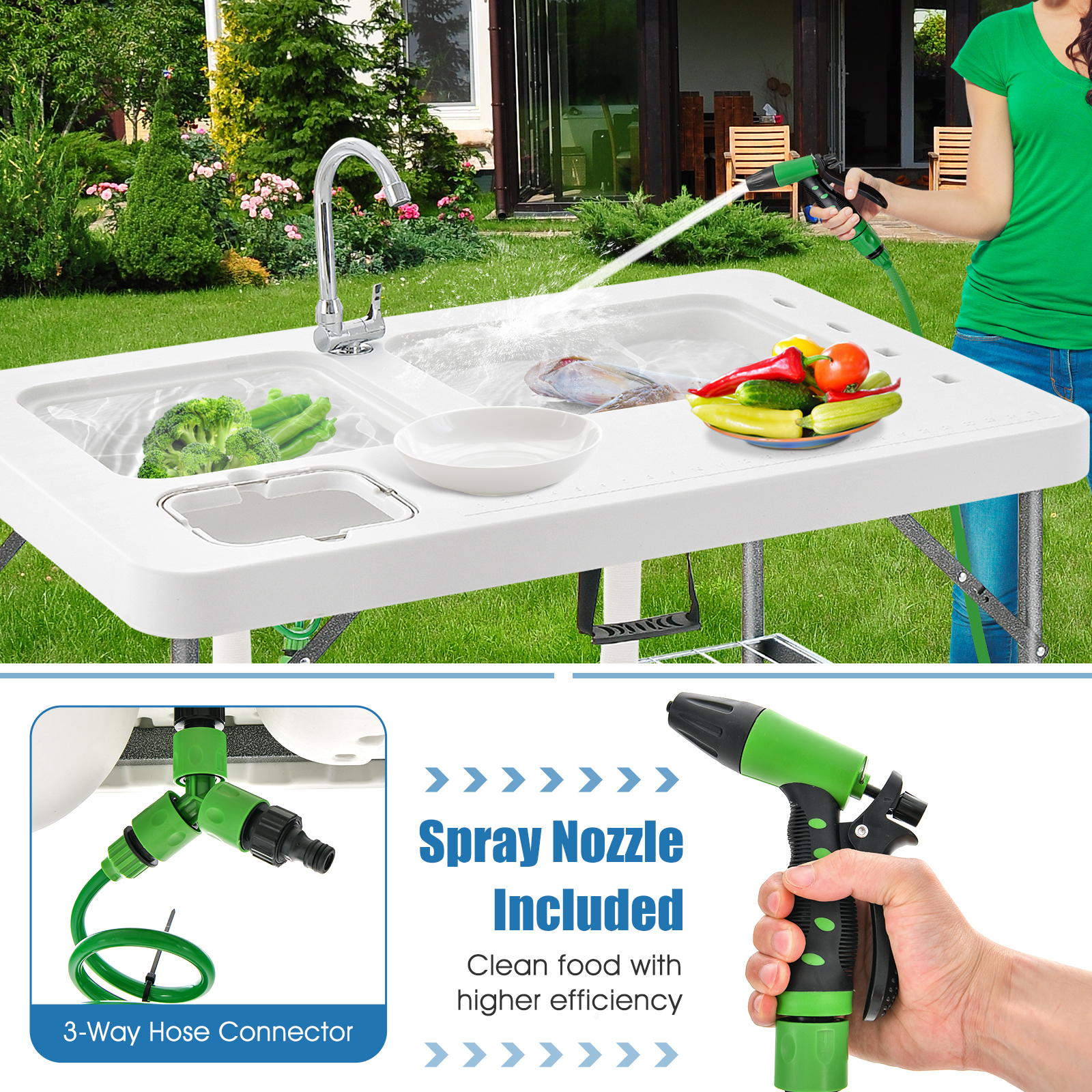 2-in-1 Tragbarer Campingtisch Klappbar Fischputztisch mit Wasserhahn Weiß - Bild 9 von 10